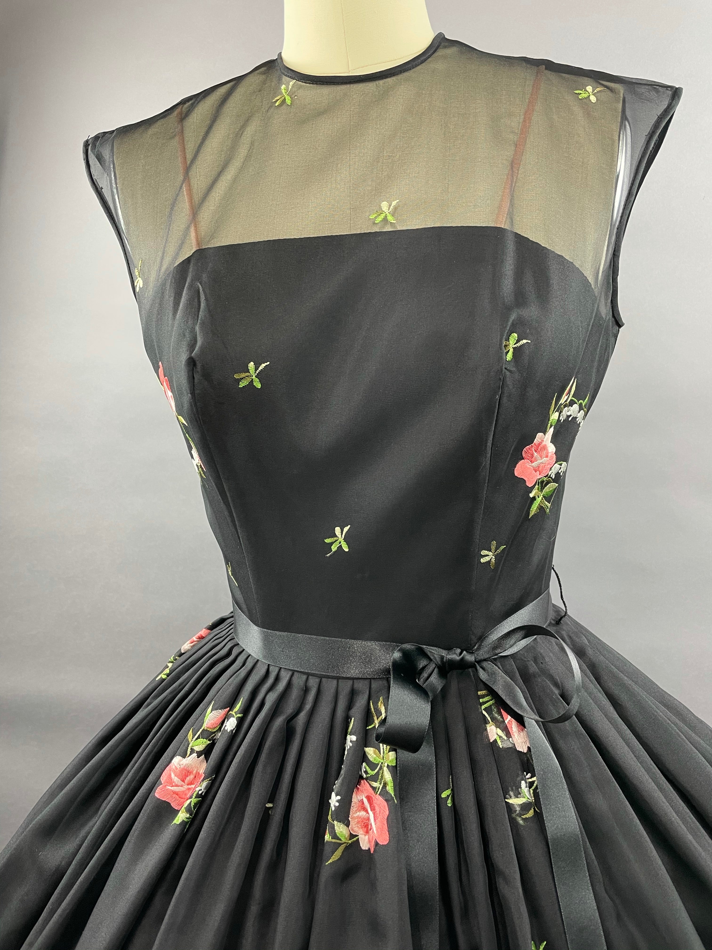 1950s Black Embroidered Suzy Perette Party Dress Size S