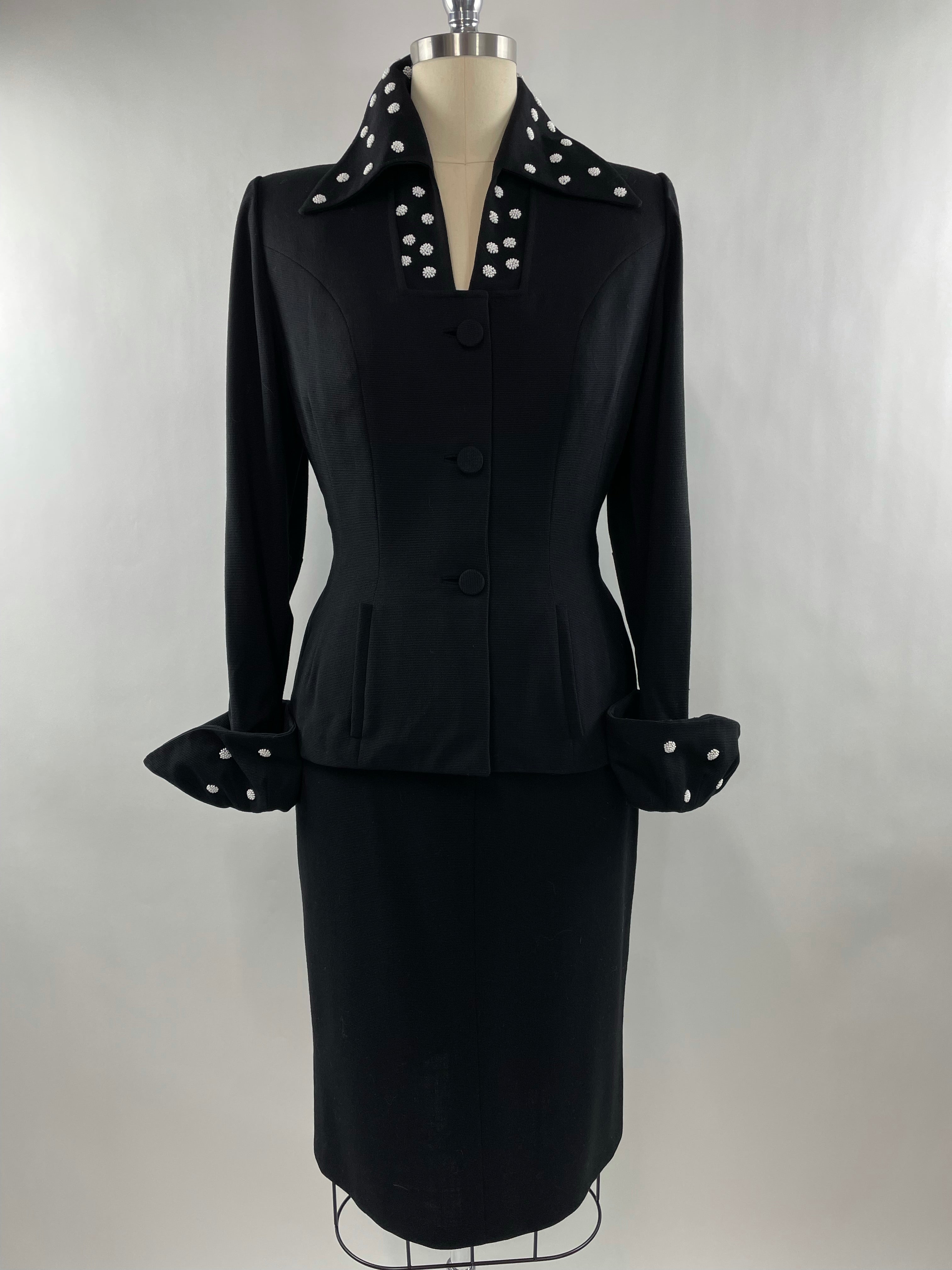 1950s Black Lilli Ann Skirt Suit with White Beading Size XL