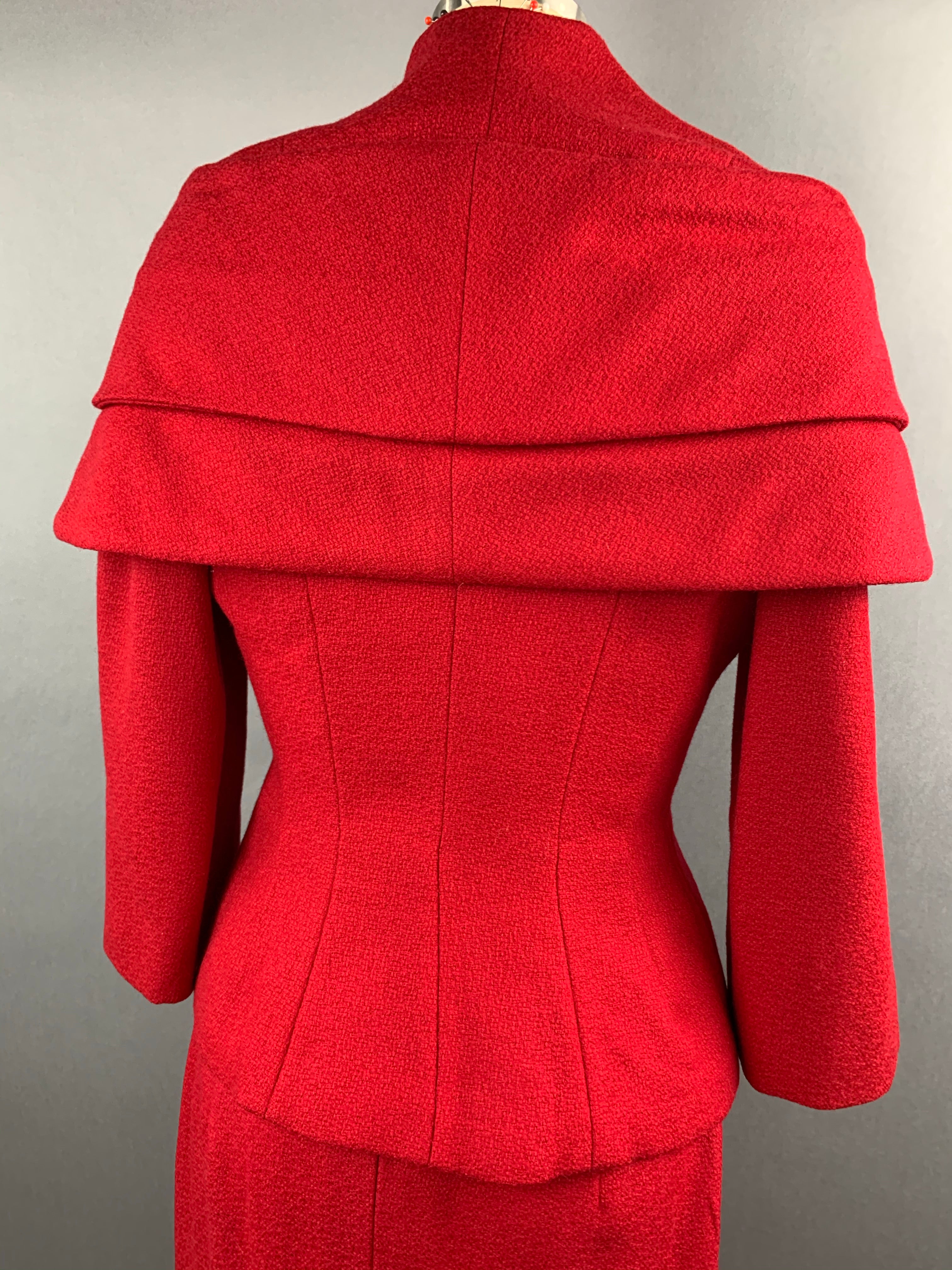 1950s Lilli Ann Red Wool Suit with Black Fox Collar Size S