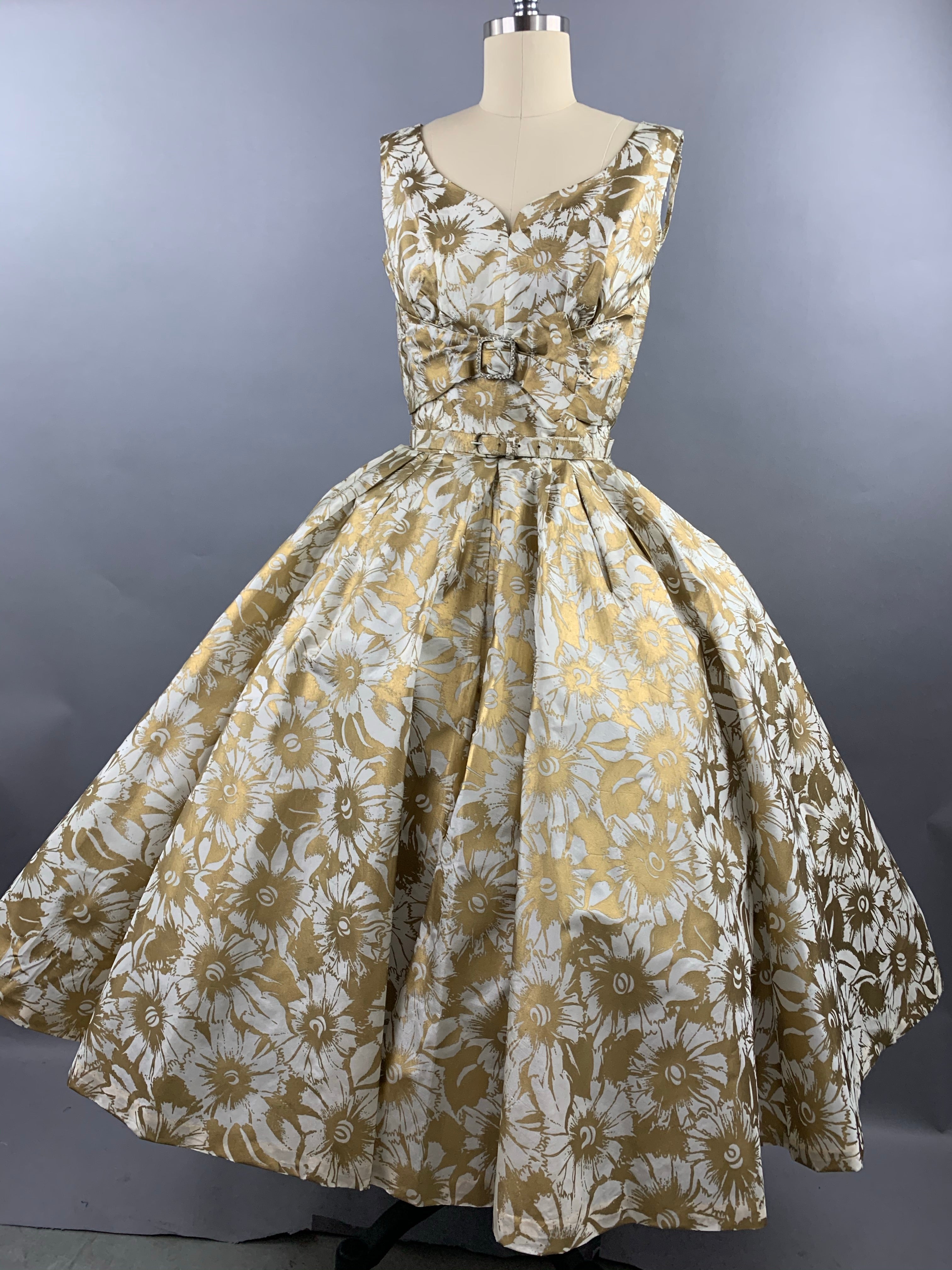 1950s Gold Floral Party Dress Size XS