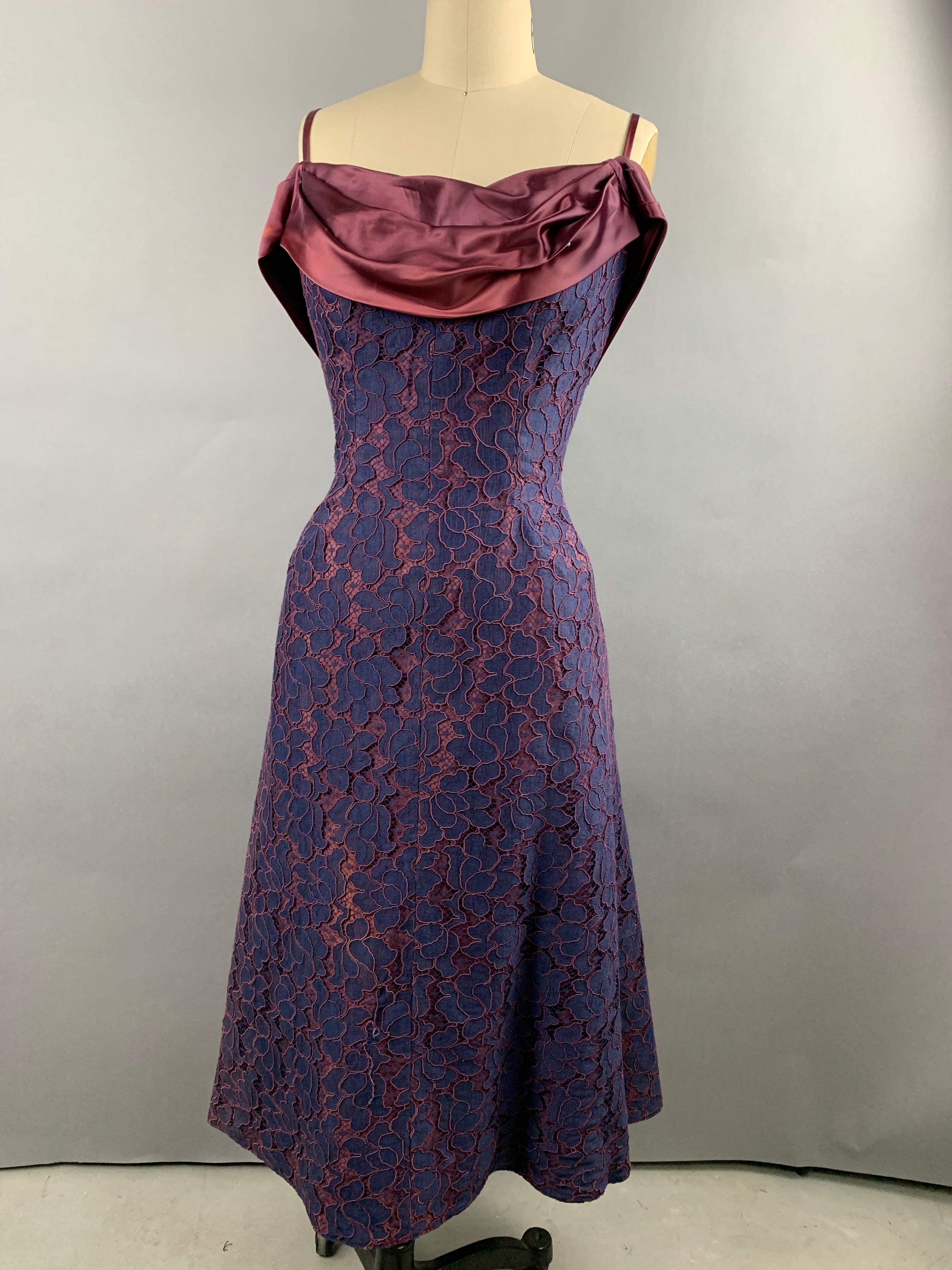 1950s Navy and Burgundy Lace and Satin Party Dress Size M