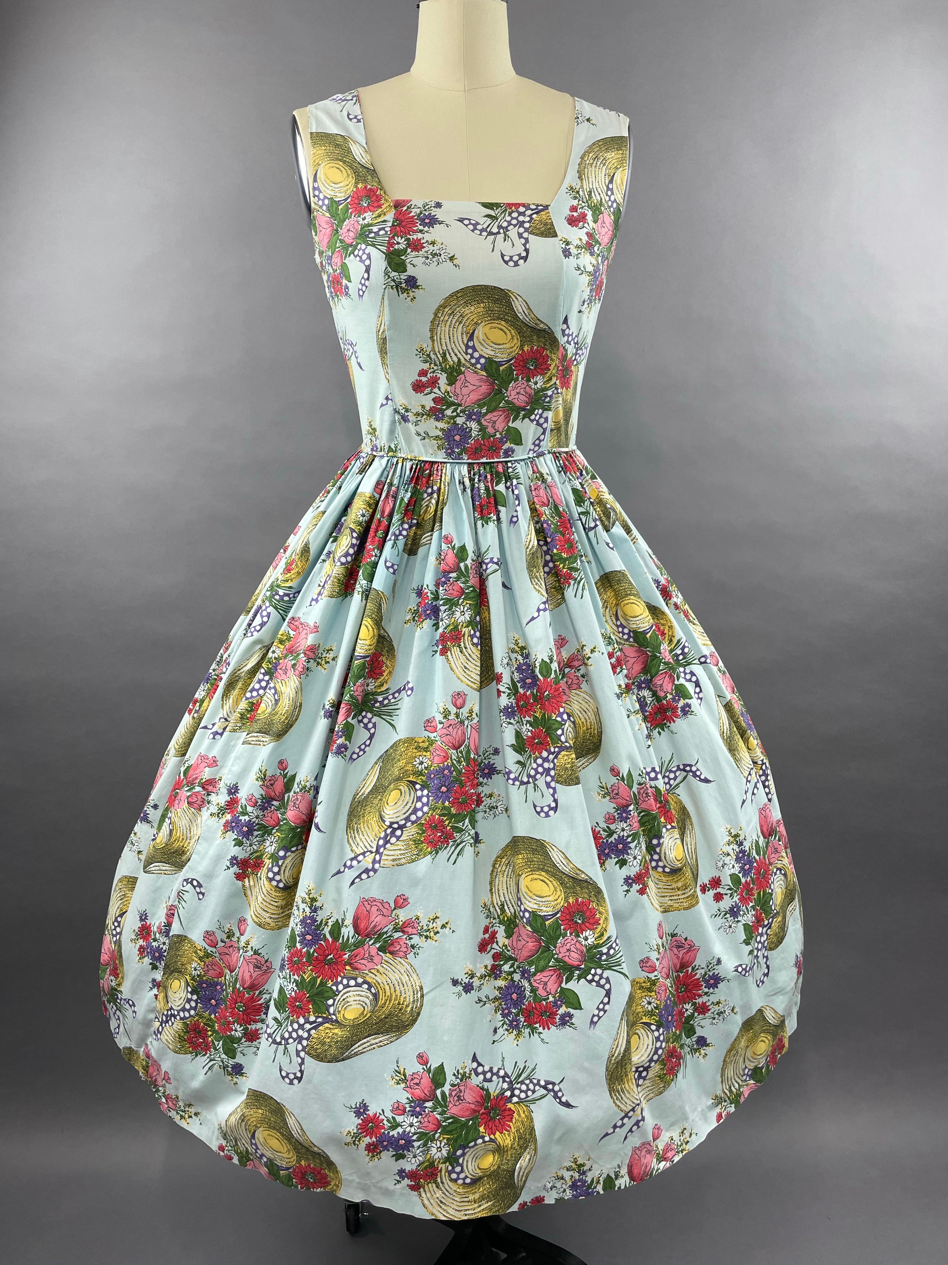 1950s Hats Novelty Print Cotton Dress Size M