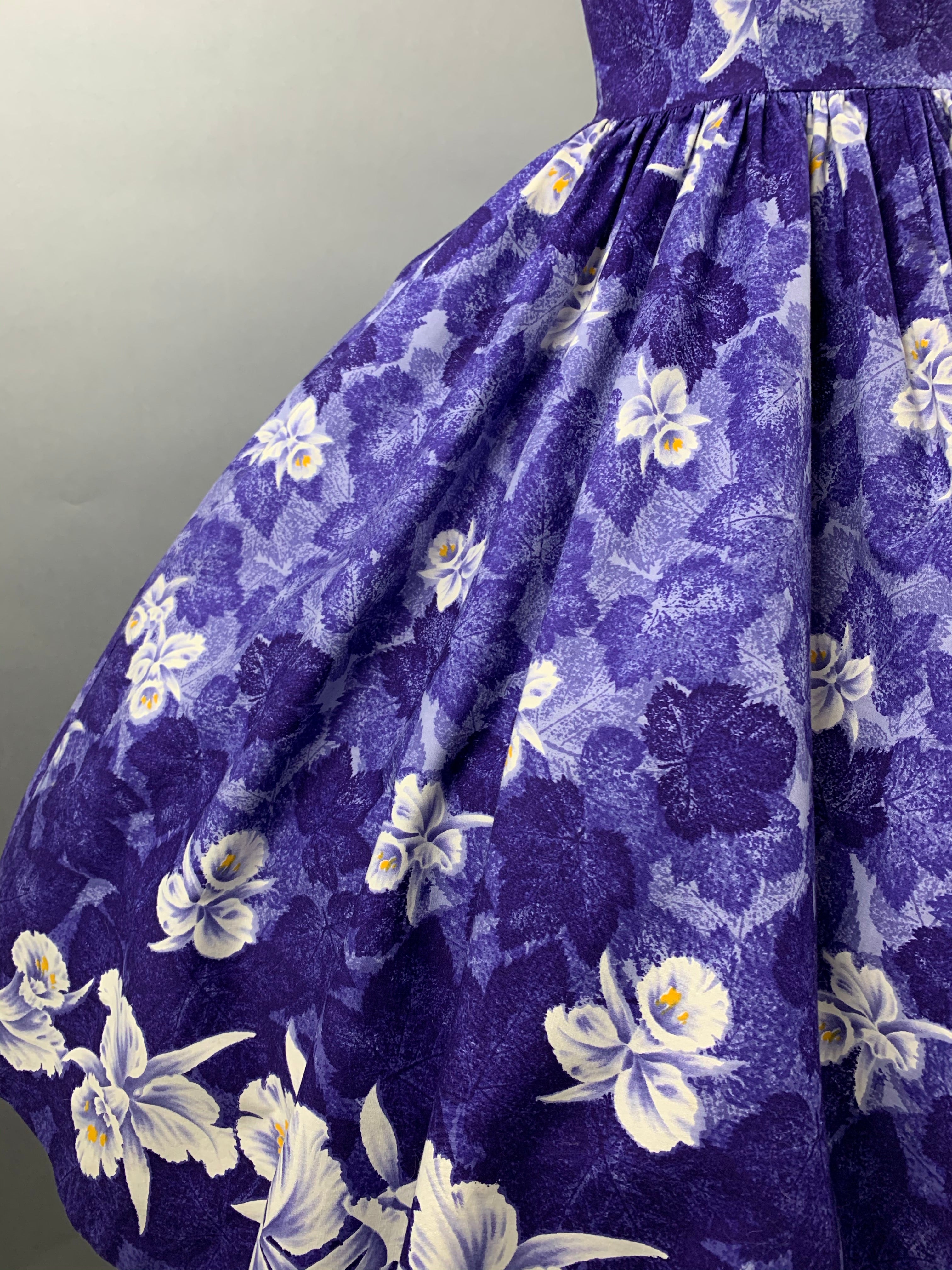 1950s Kamehameha Blue-Purple Orchid Cotton Hawaiian Dress Size M