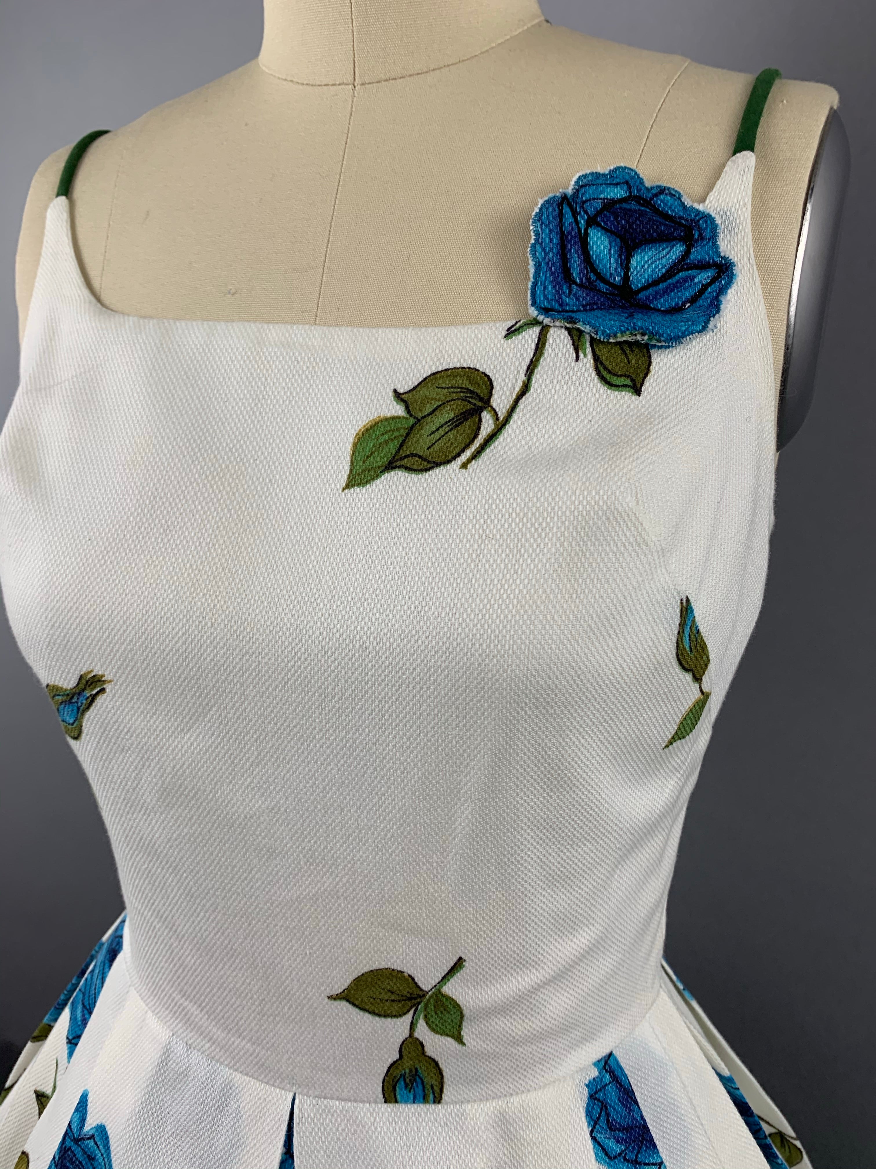 1950s “Co Jr” Blue Roses Fruit of the Loom Border Print Cotton Pique Dress Size XS