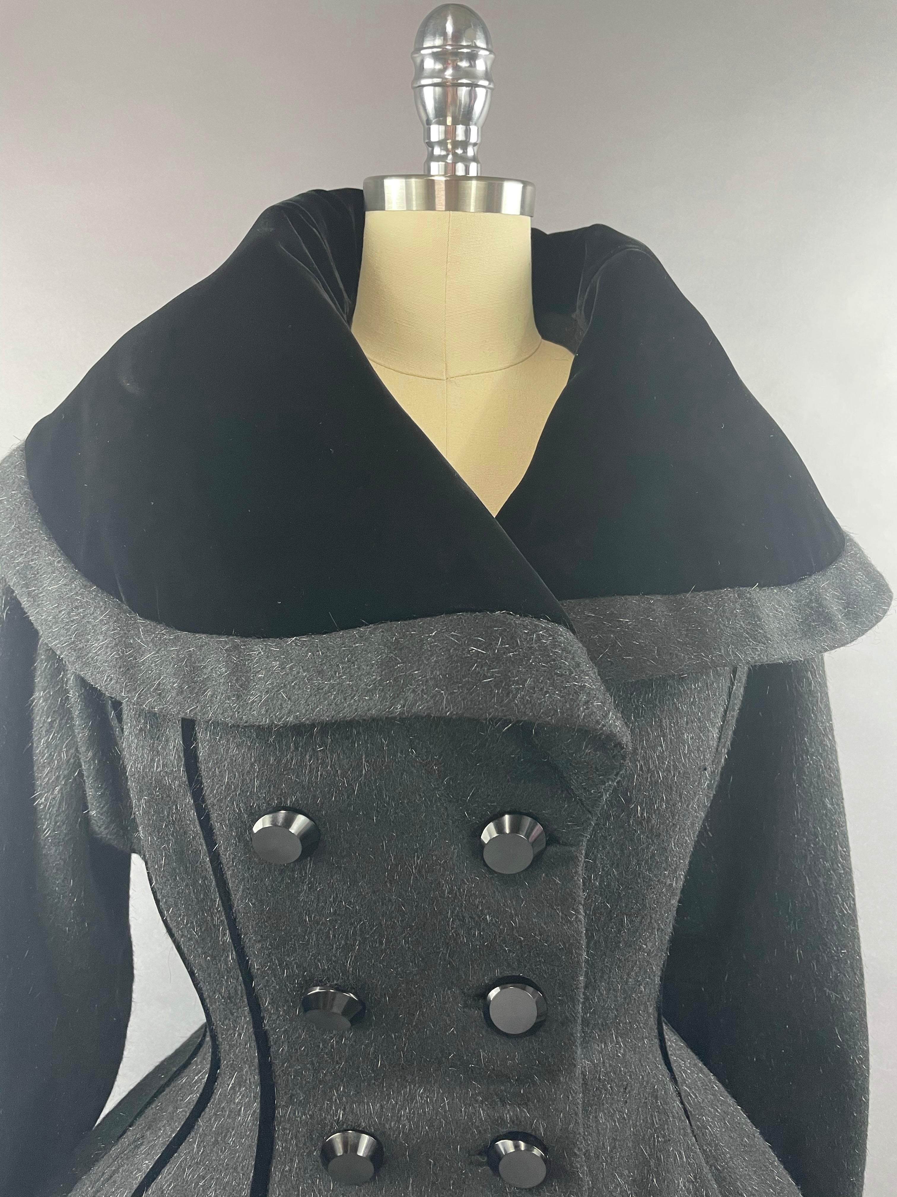 1950s Dark Grey Wool Mohair Blend & Velvet Lilli Ann Princess Coat Size M