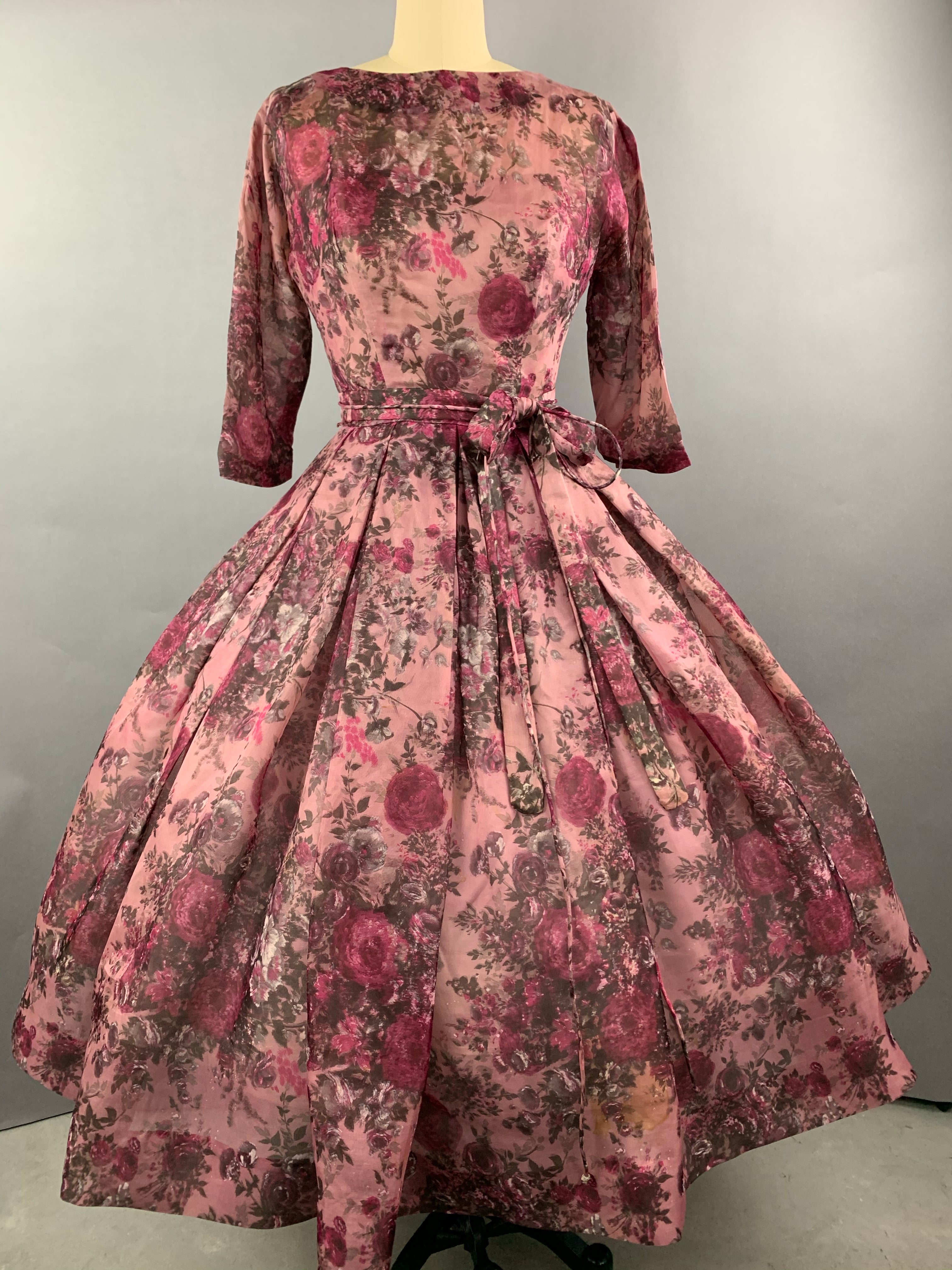 1950s Pink Roses Silk dress by Talmack John Moore New York Size M