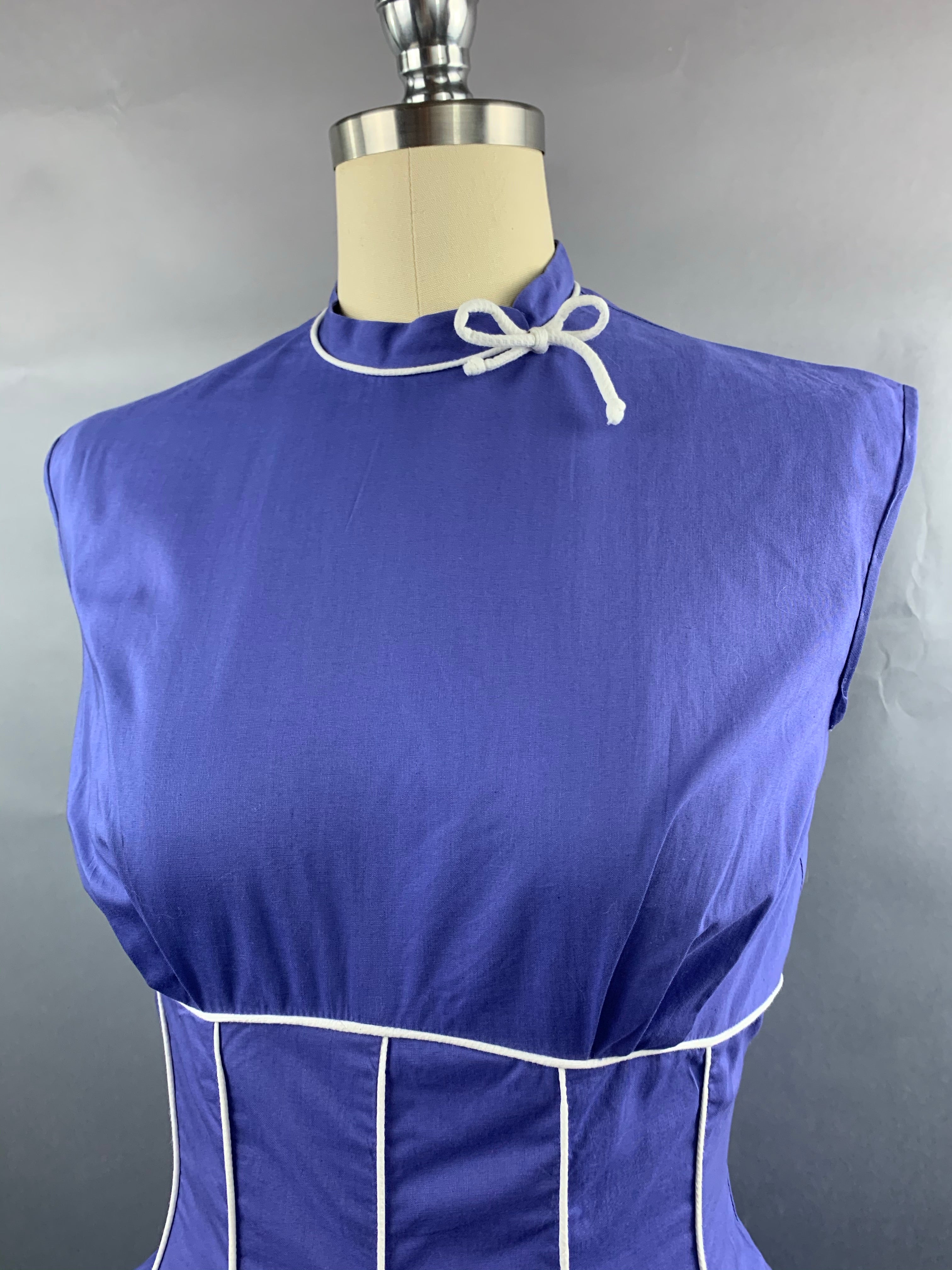 1950s Indigo Violet Blue Cotton Dress with White Piping Size S