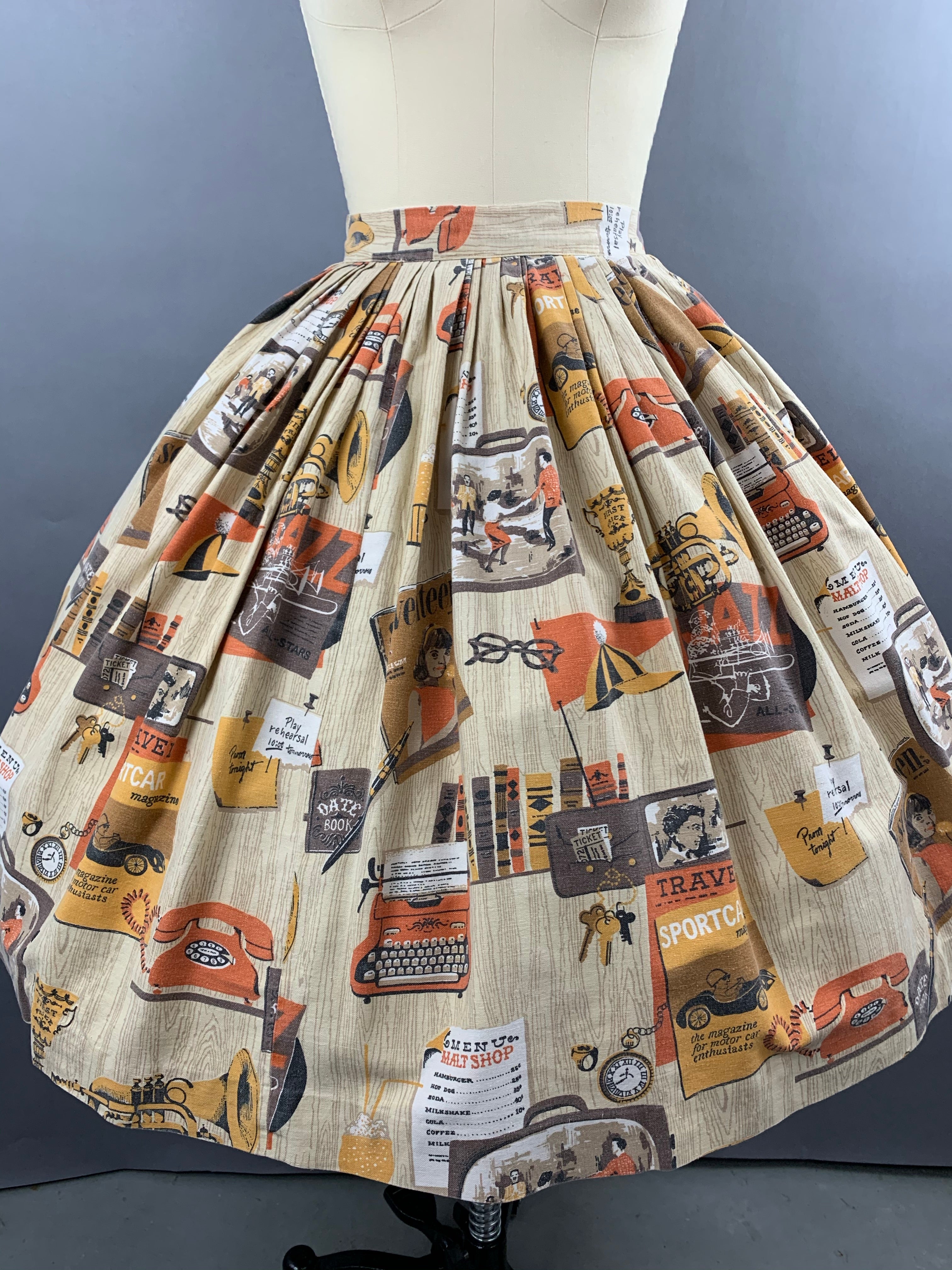 1960s Malt Shop Novelty Print Skirt Size S