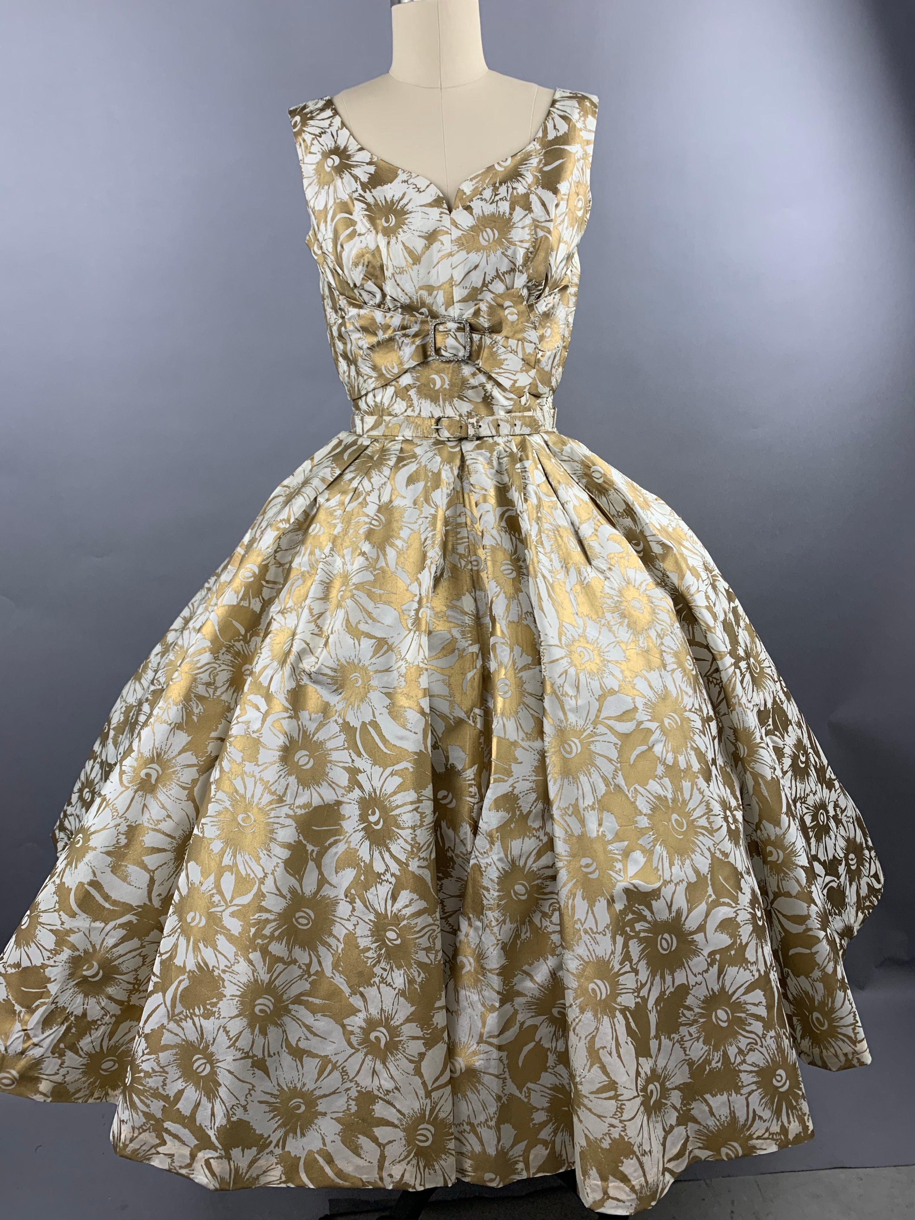 1950s Gold Floral Party Dress Size XS