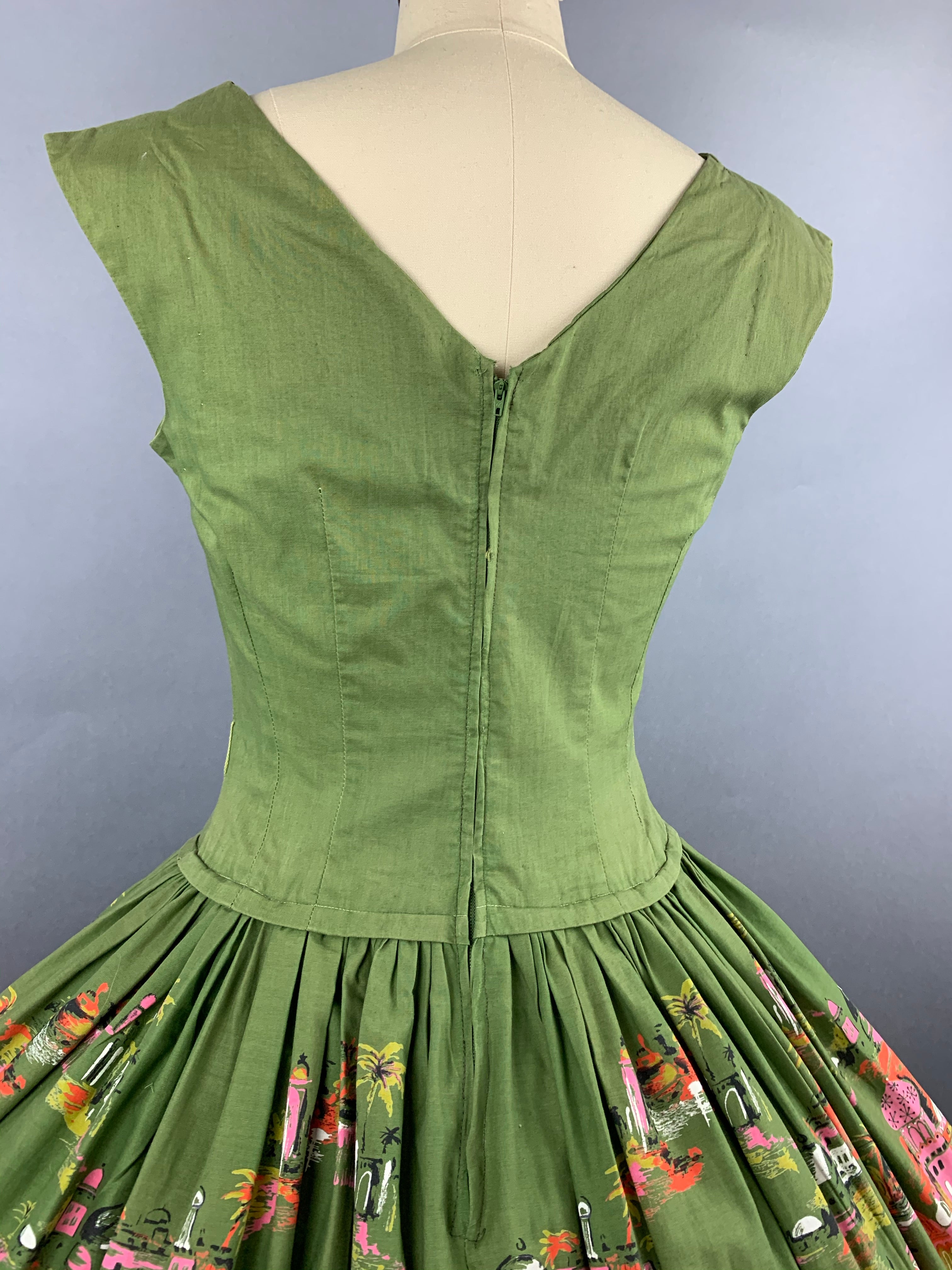 1950s Green Casbah Cotton Dress Size M