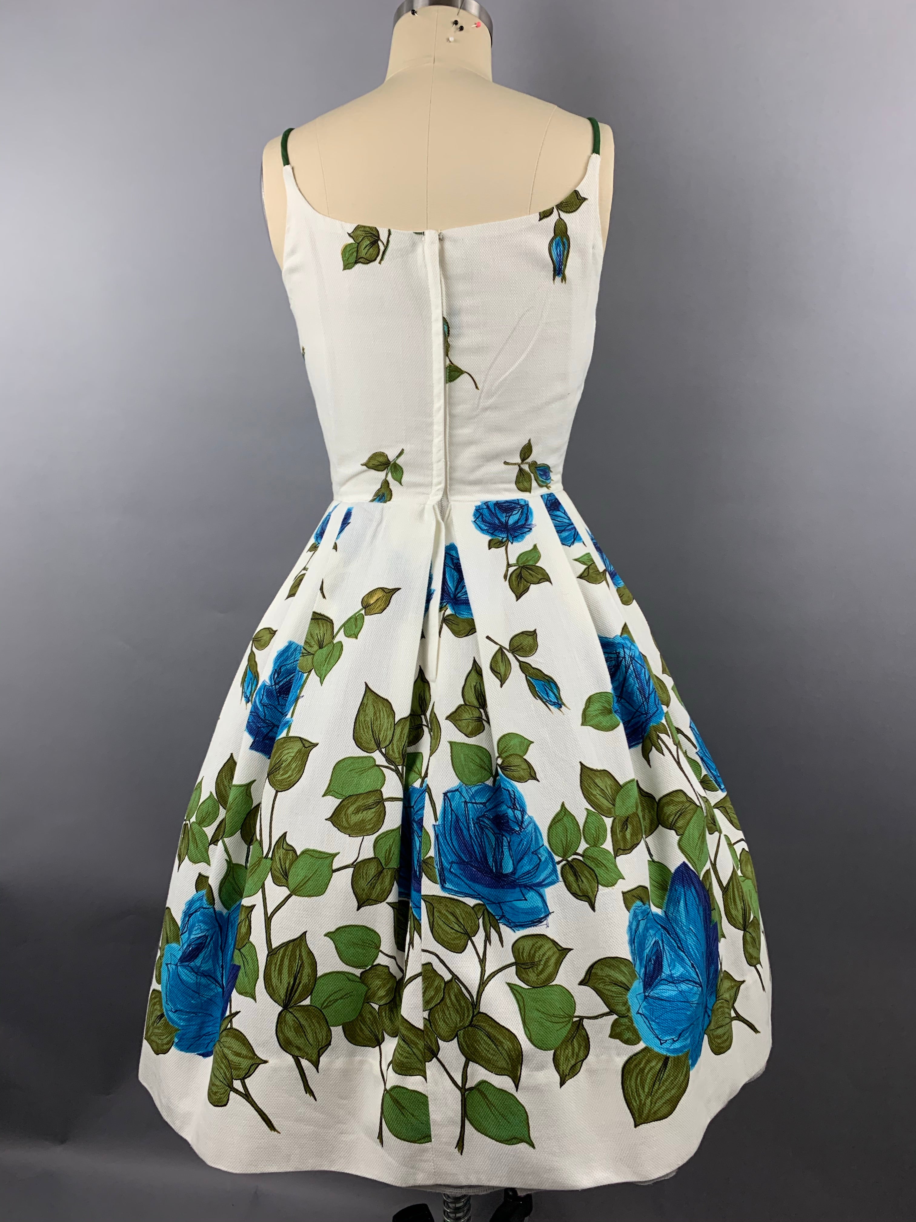 1950s “Co Jr” Blue Roses Fruit of the Loom Border Print Cotton Pique Dress Size XS