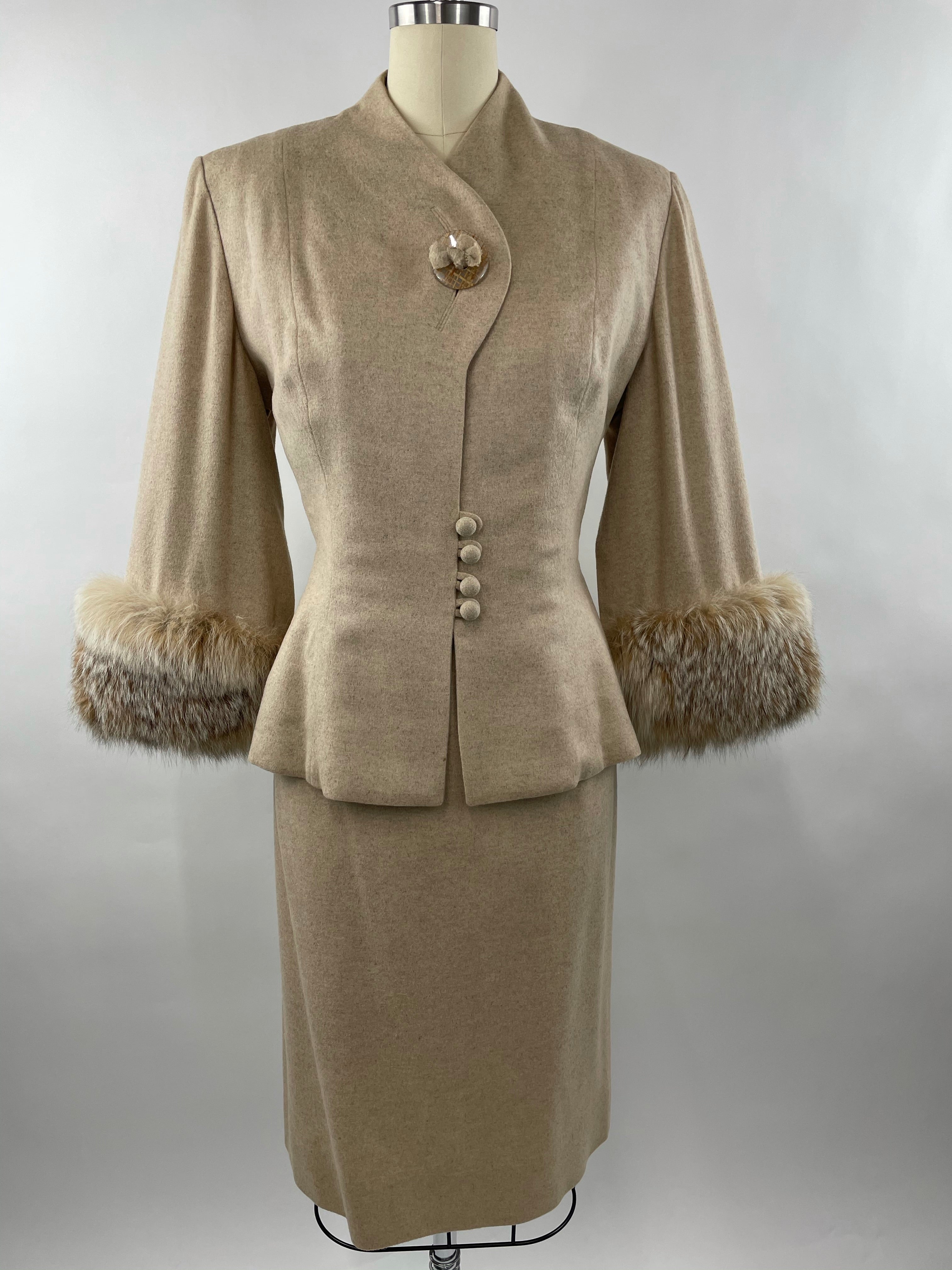 1950s Cream Cashmere & Fox Lilli Ann Cape Suit Size L