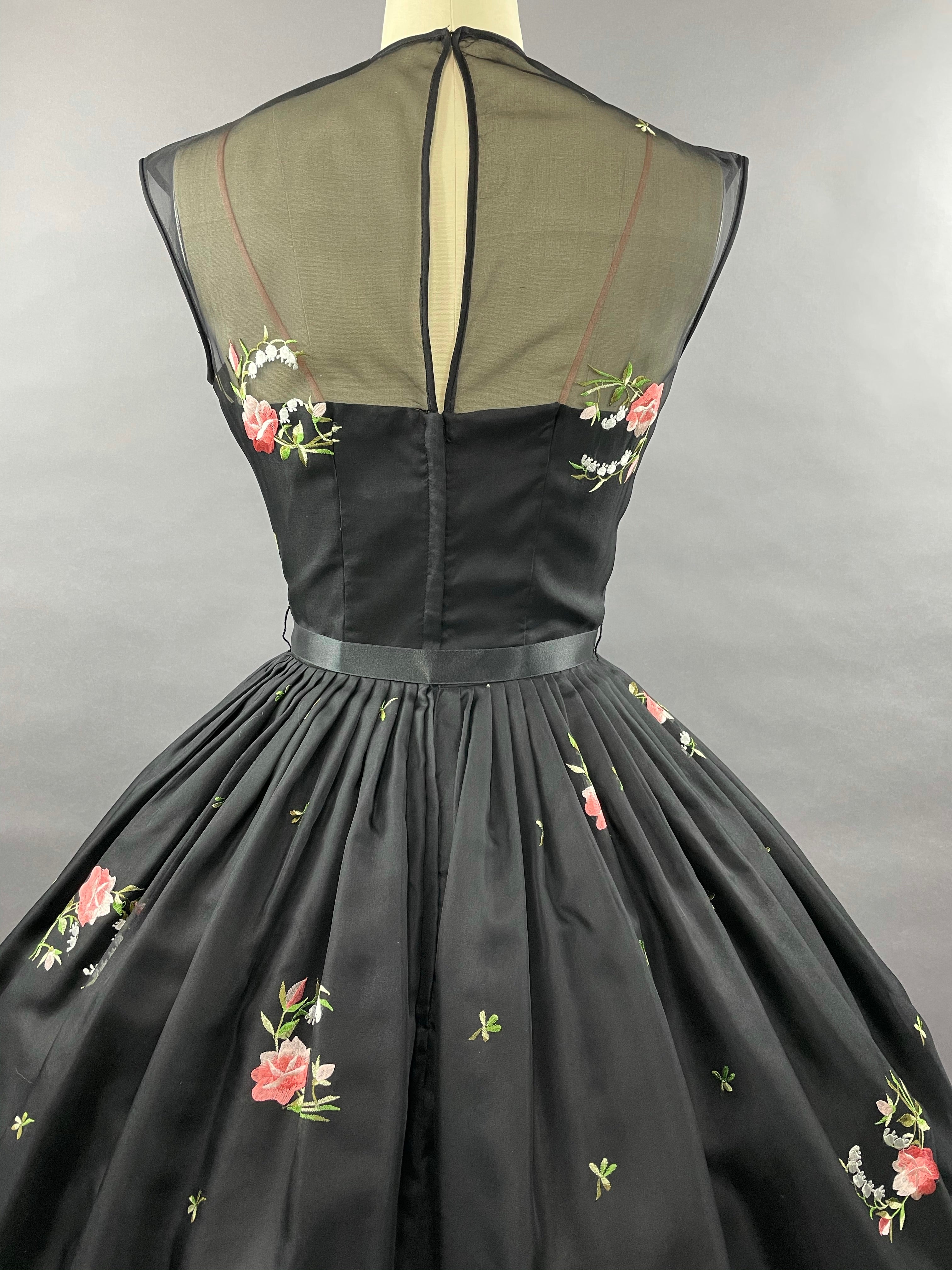 1950s Black Embroidered Suzy Perette Party Dress Size S