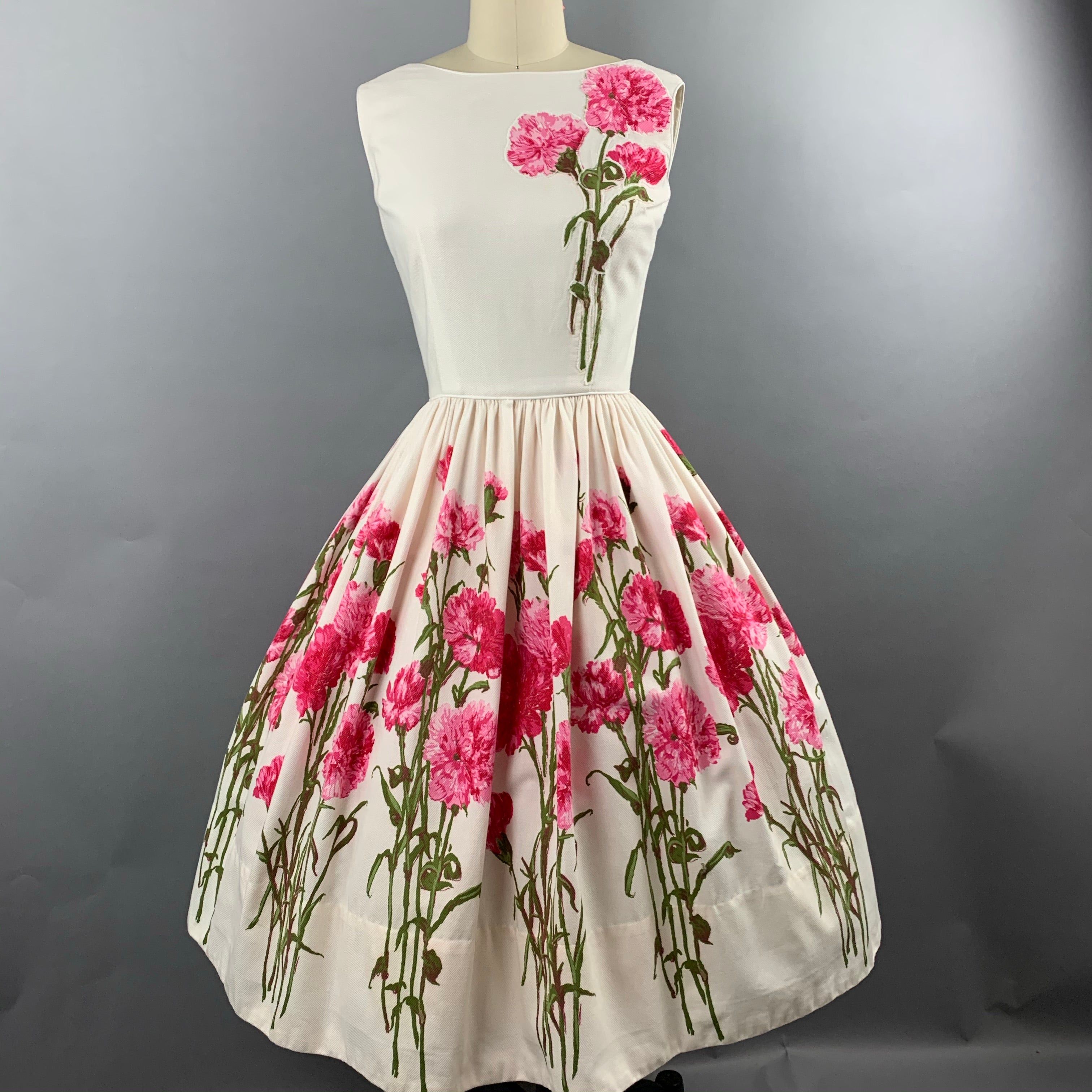 1950s Carnation Border Print Cotton Pique Dress Size S