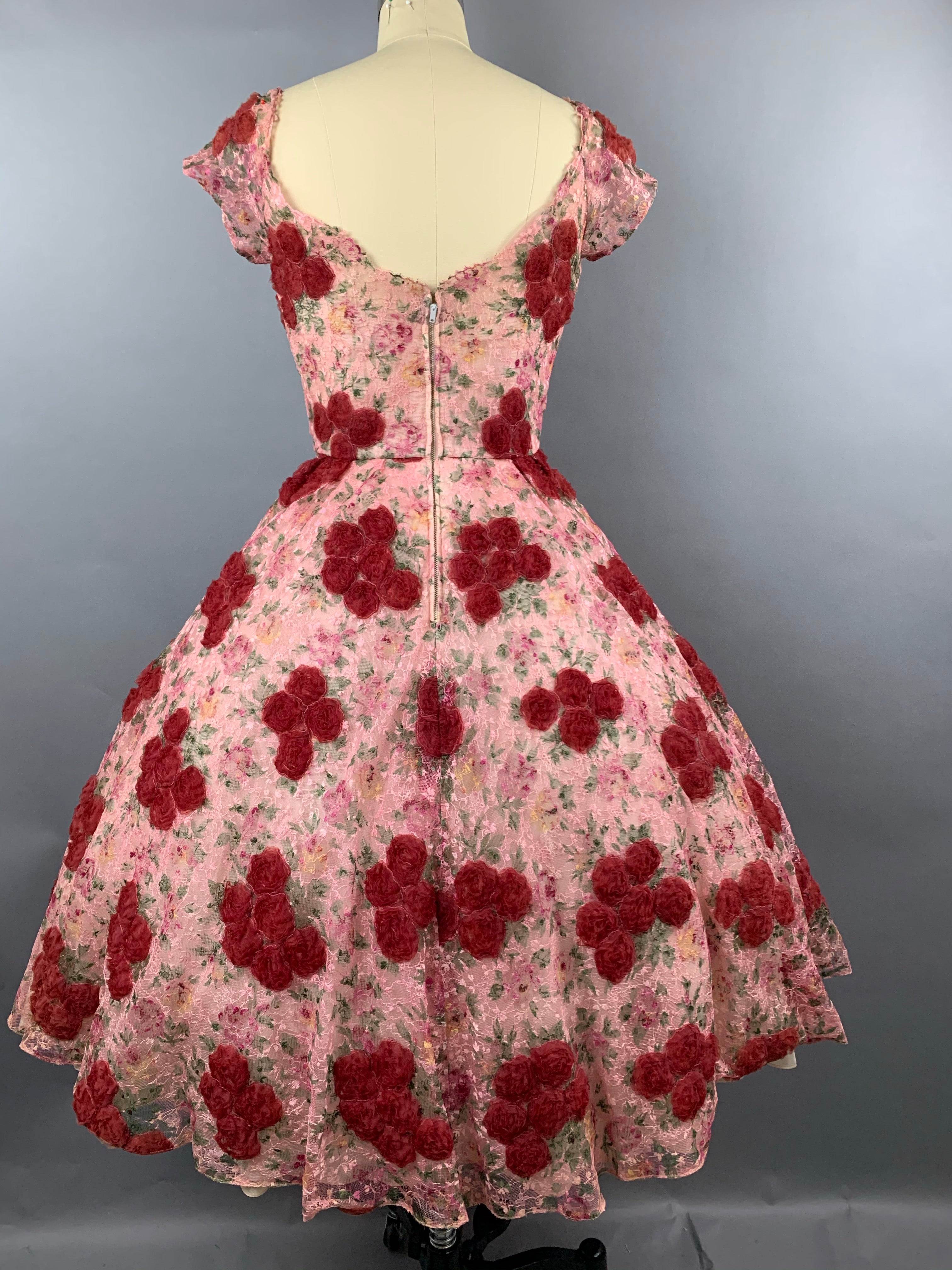 1950s Sylvia Rutkins 3D Red Roses Lace Party Dress Size S