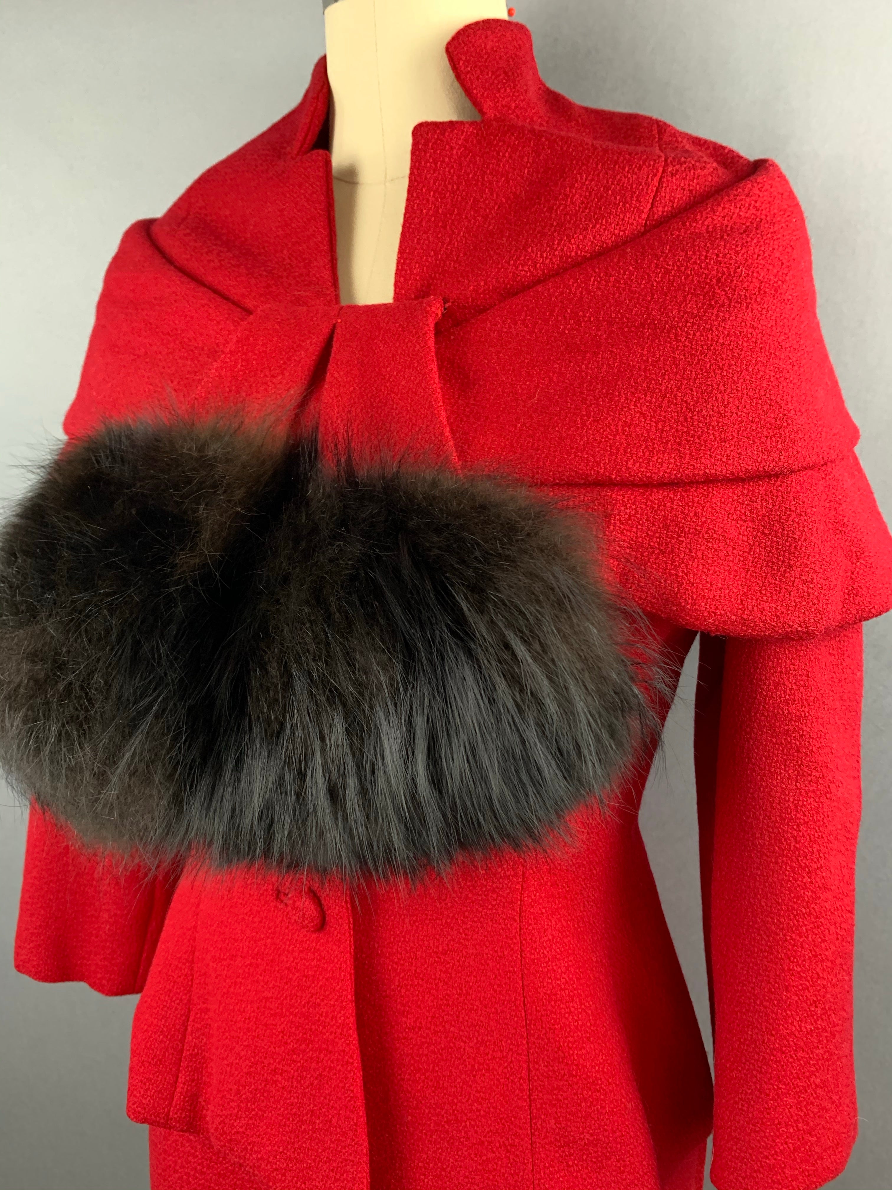 1950s Lilli Ann Red Wool Suit with Black Fox Collar Size S