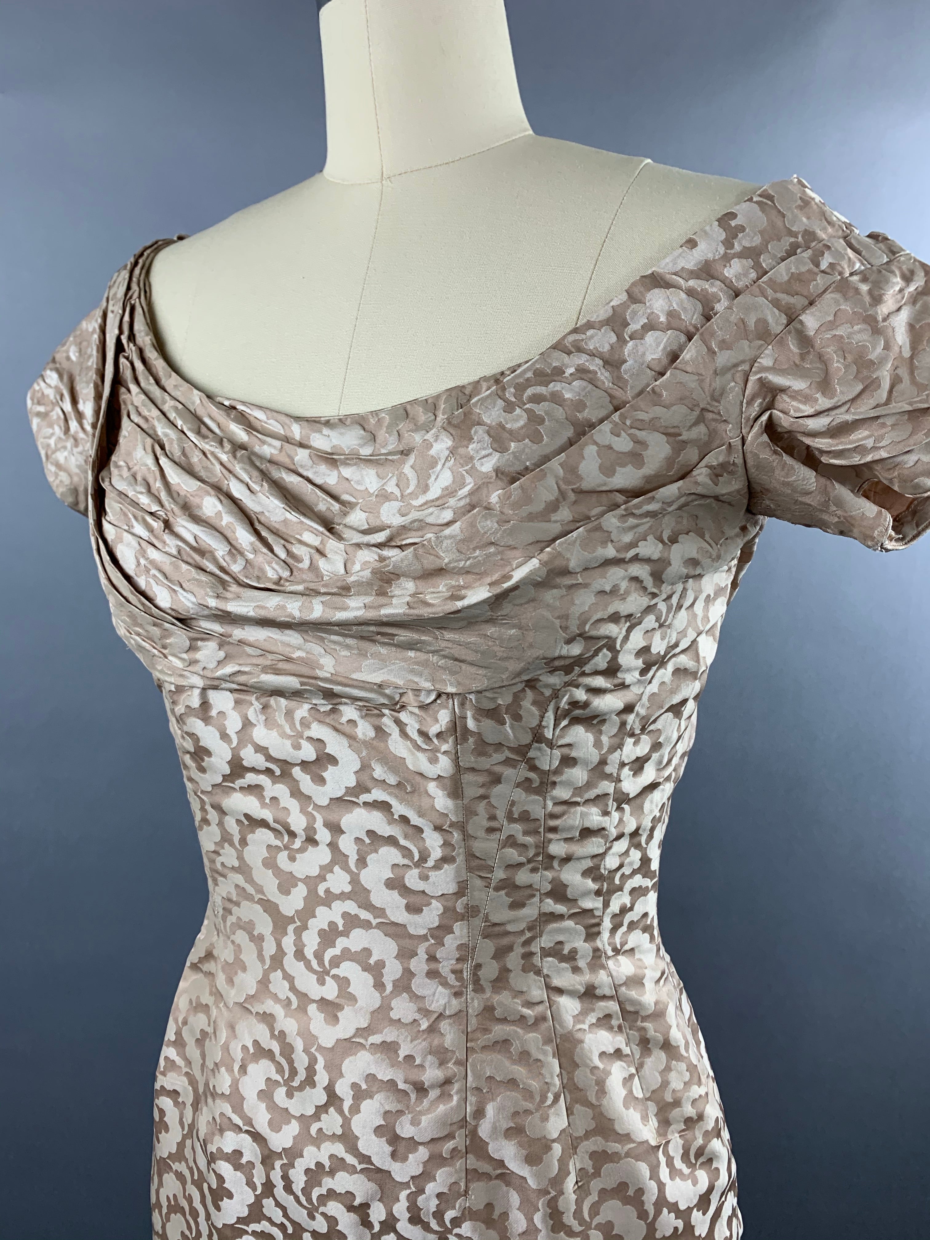 1950s Ceil Chapman beige gold silk-cotton wiggle dress Size S