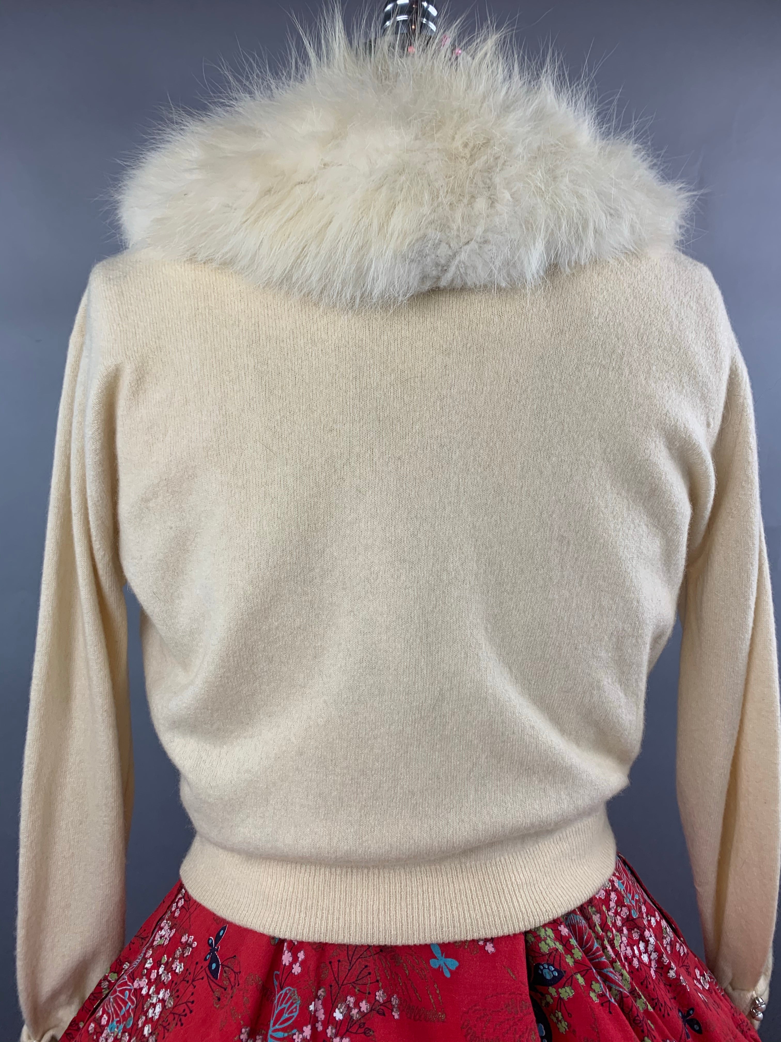 1950s Dalton Cream Cashmere Cardigan with Detachable Fox Collar Size M Size L