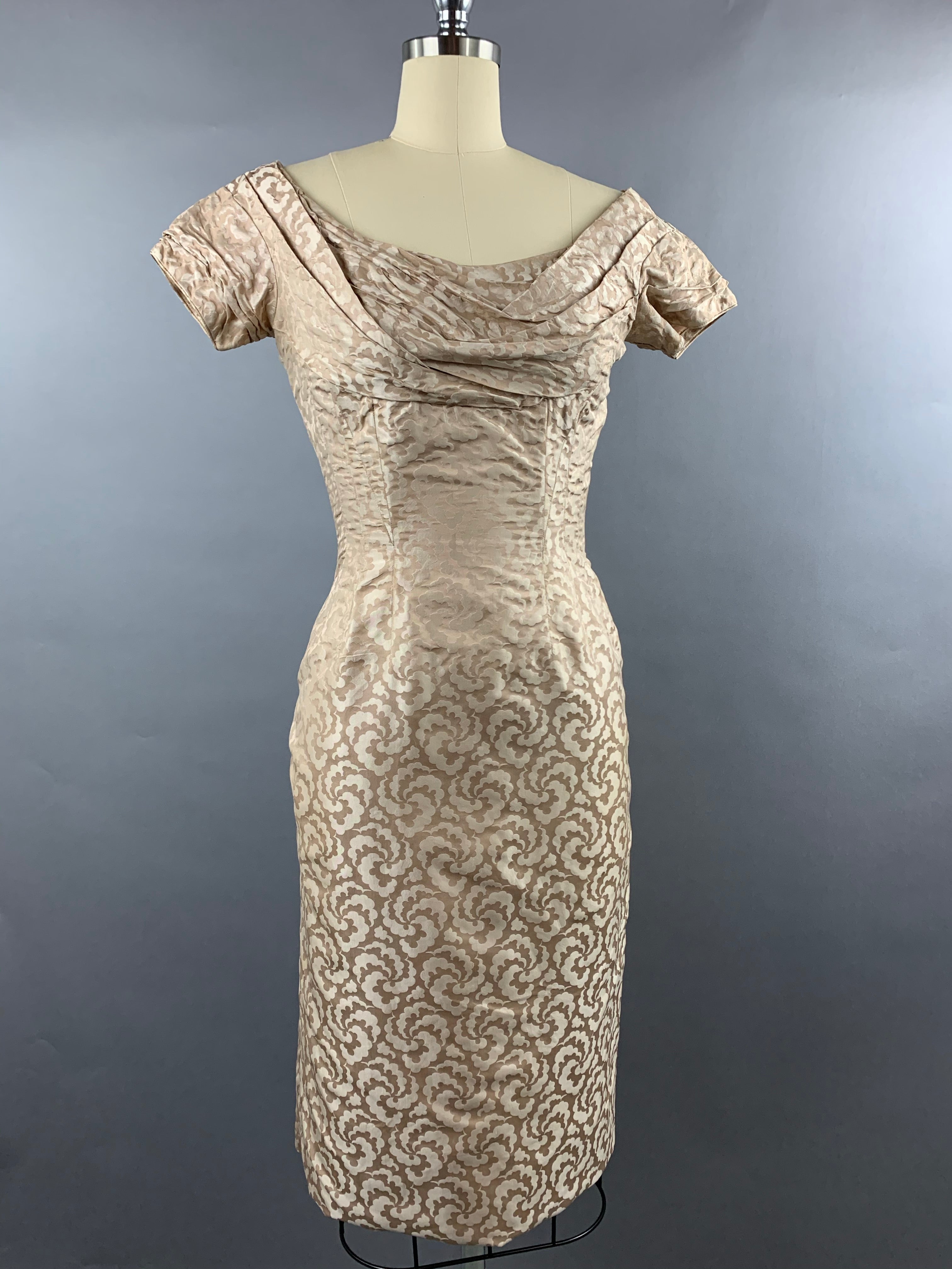 1950s Ceil Chapman beige gold silk-cotton wiggle dress Size S