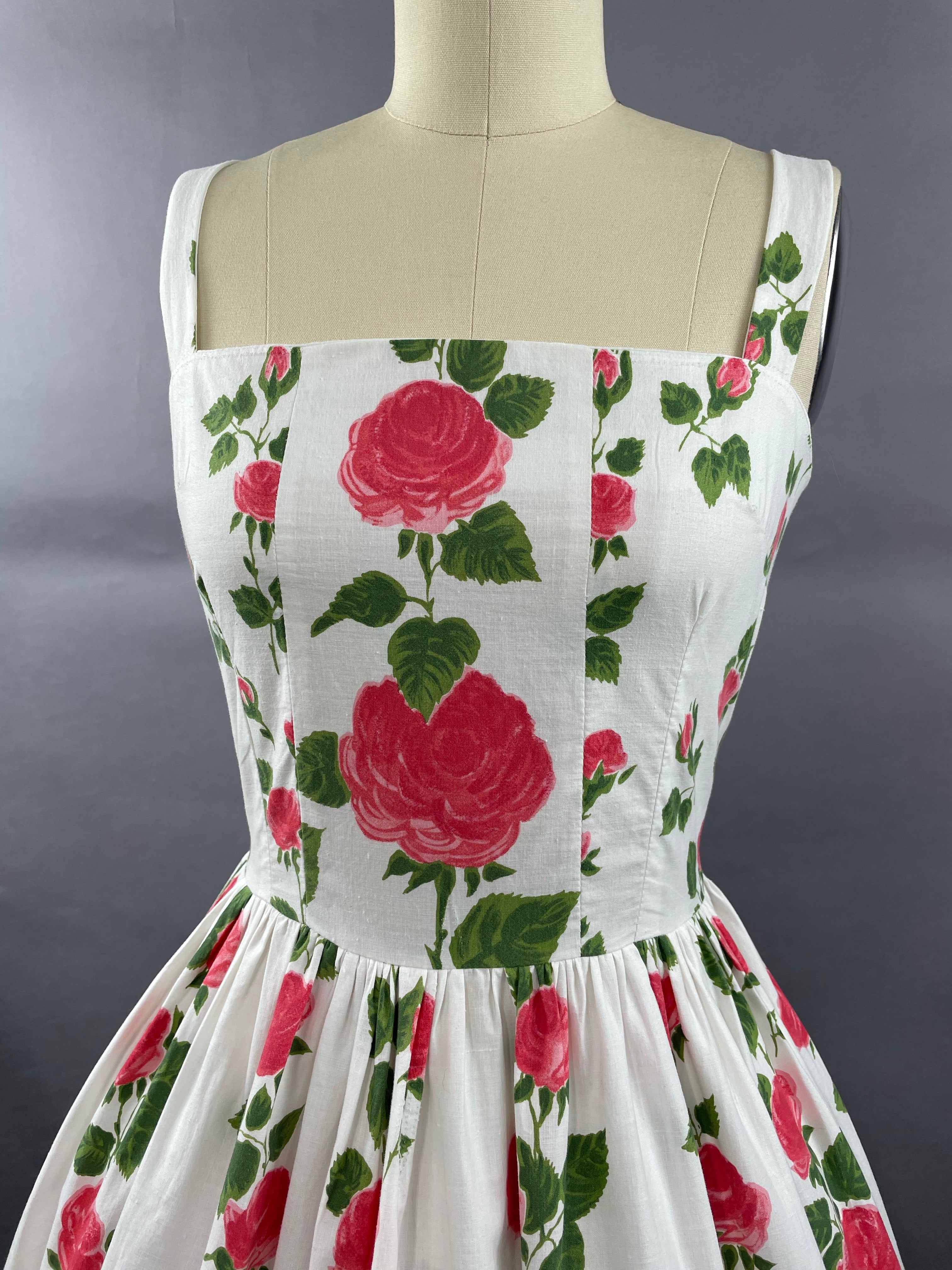 1950s Long Stemmed Rose Print Cotton Sundress Size S