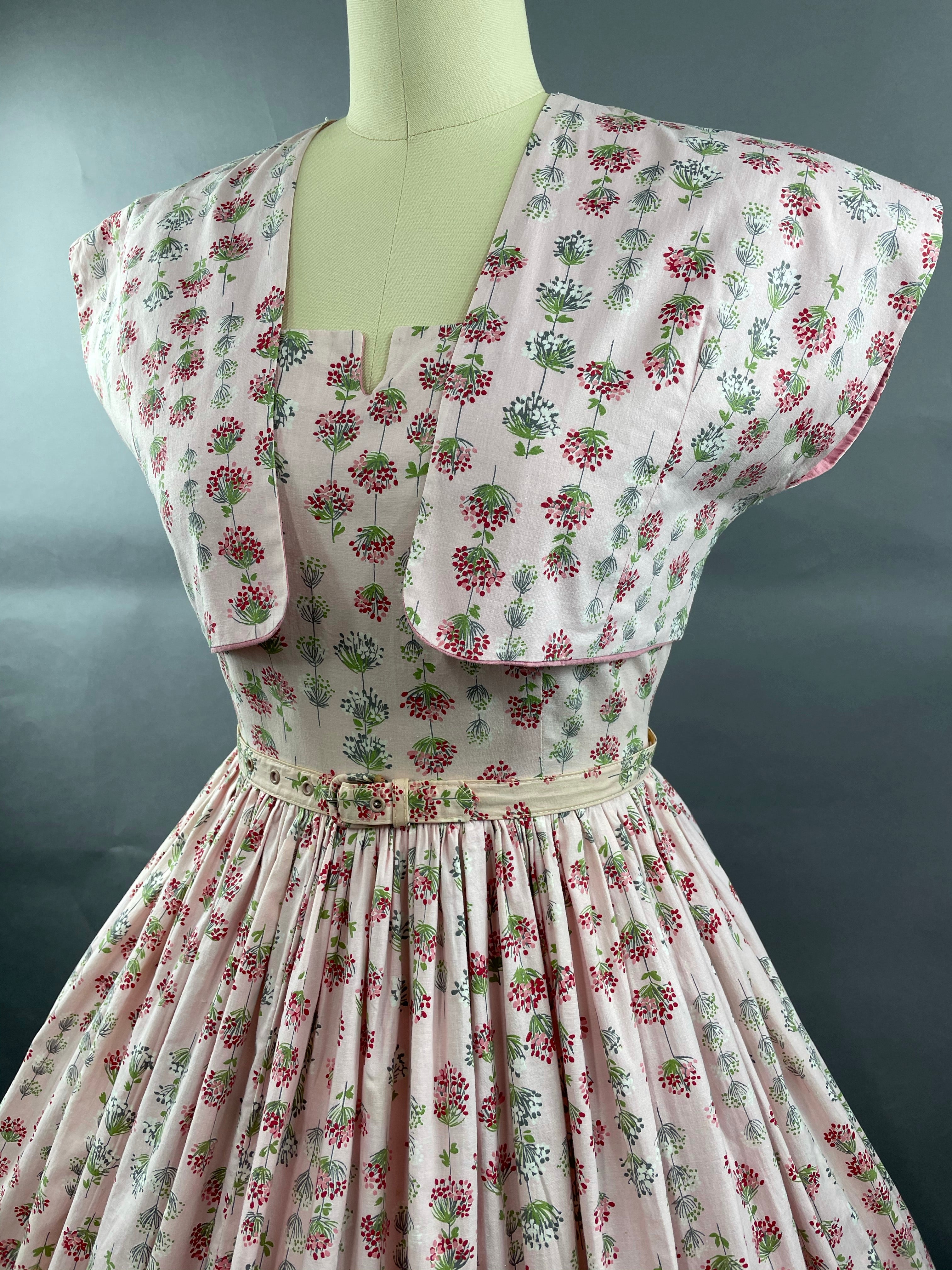 1950s Junior Vogues 3 piece Cotton Dress , Belt and Bolero Size M