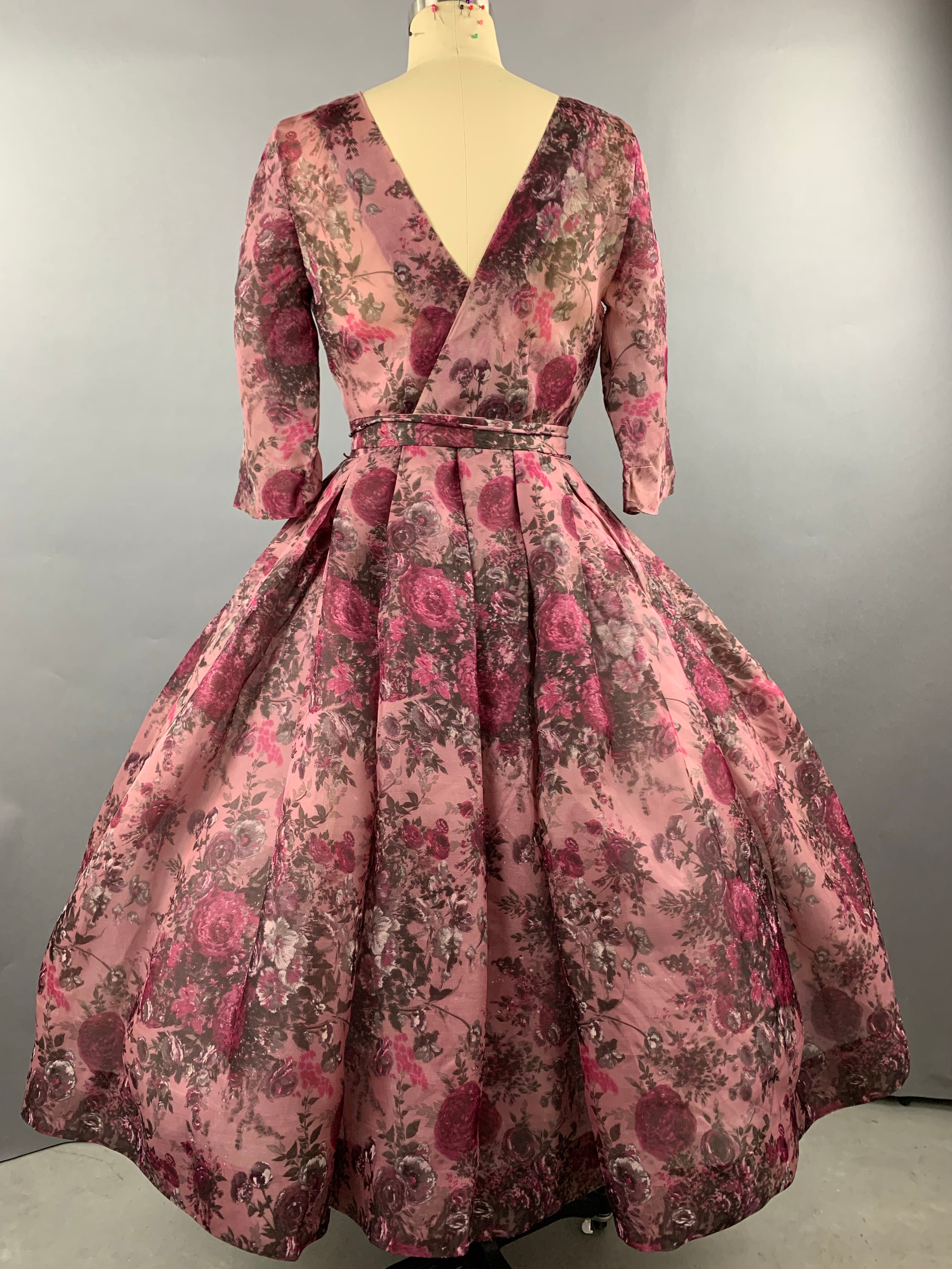 1950s Pink Roses Silk dress by Talmack John Moore New York Size M