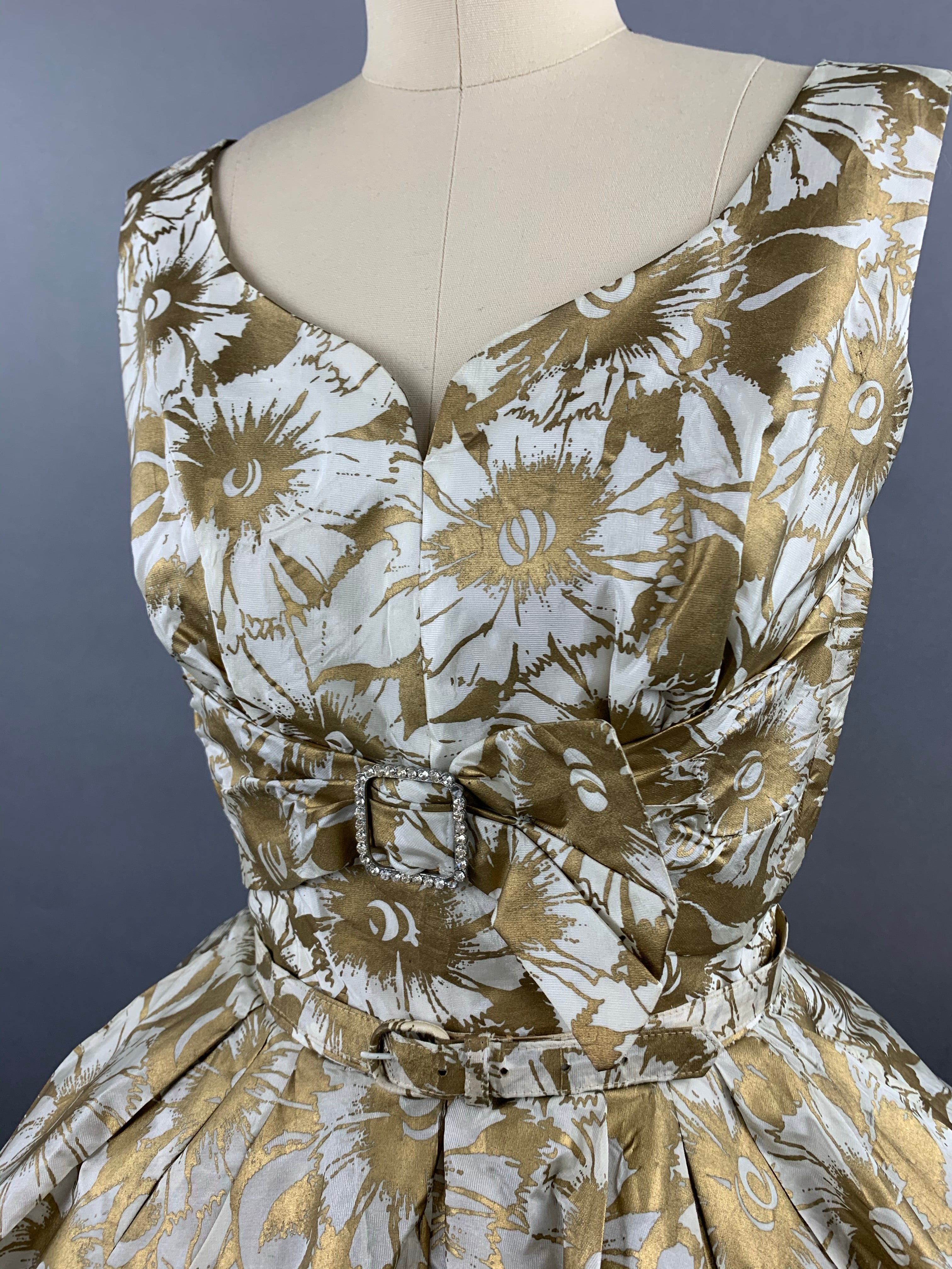 1950s Gold Floral Party Dress Size XS