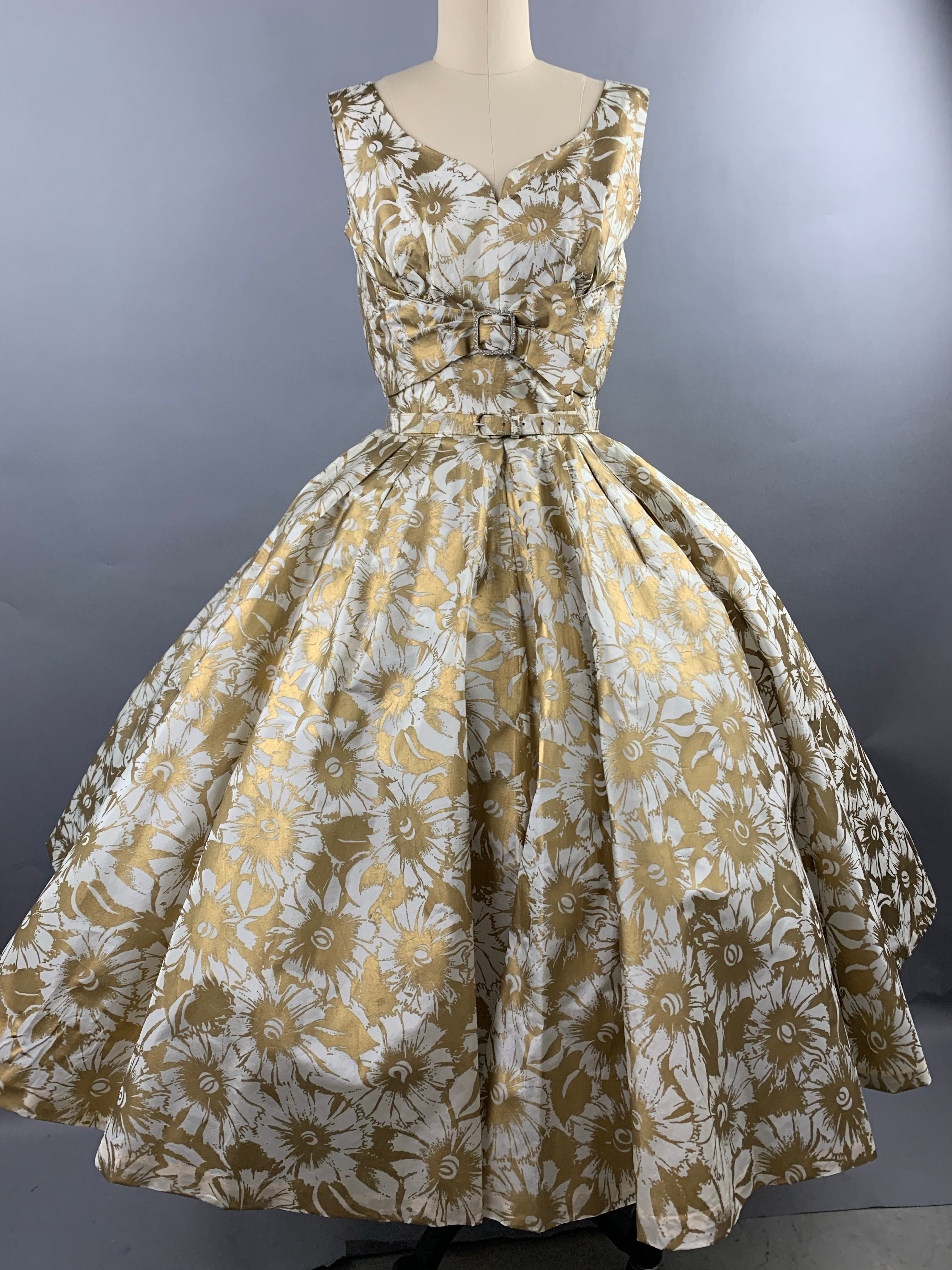 1950s Gold Floral Party Dress Size XS