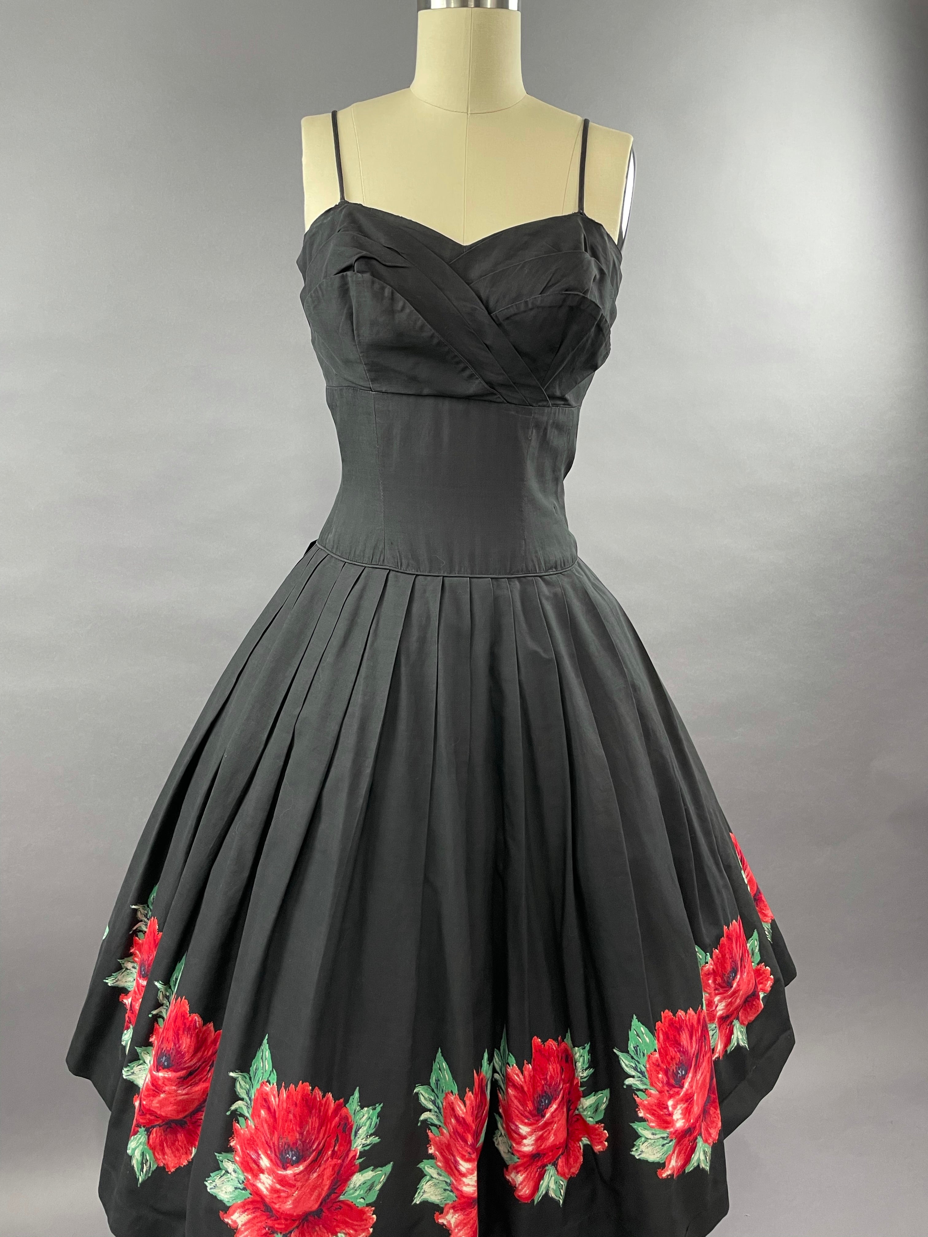 1950s Red Rose Border Print Dress Size S