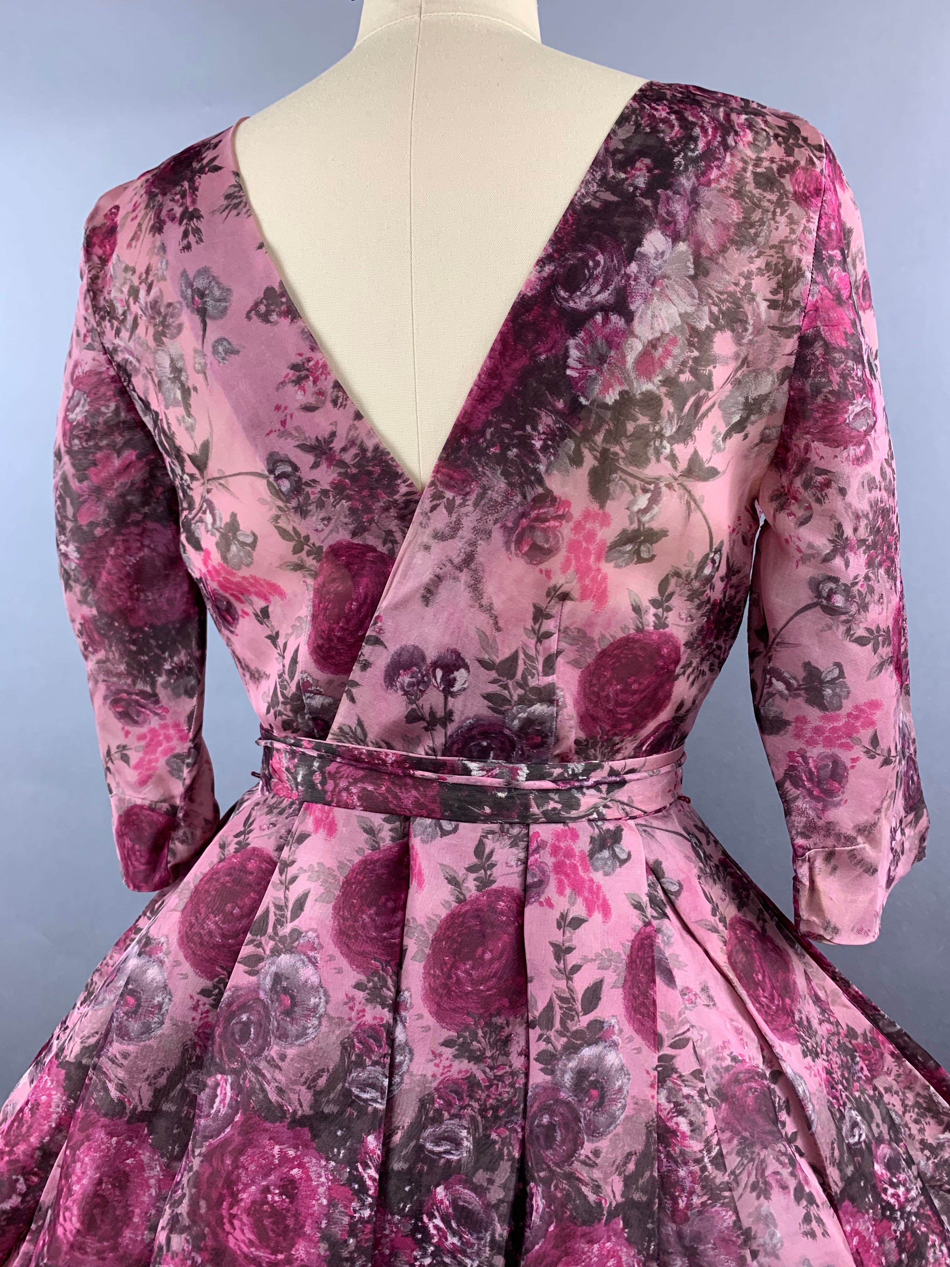 1950s Pink Roses Silk dress by Talmack John Moore New York Size M