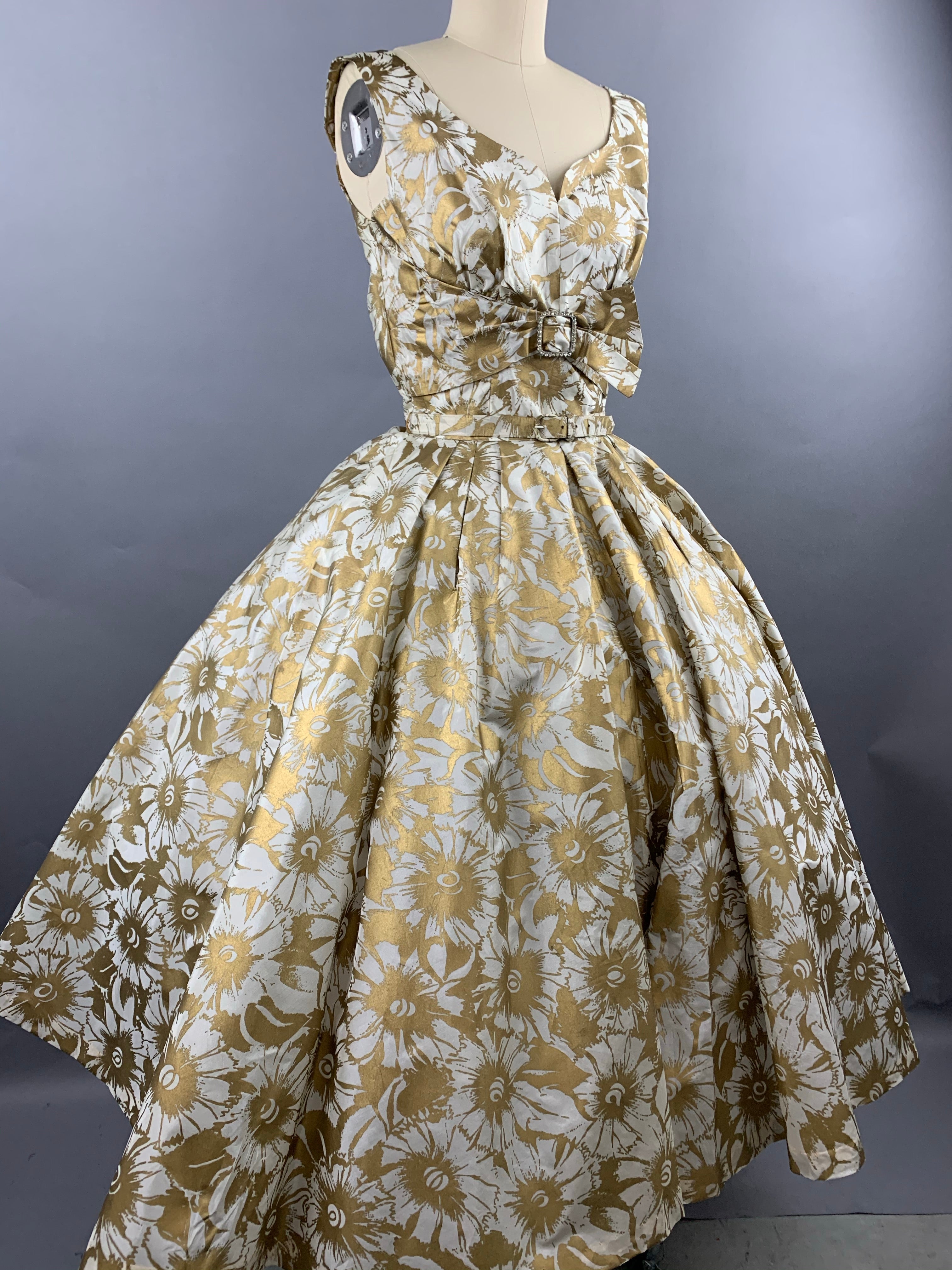 1950s Gold Floral Party Dress Size XS