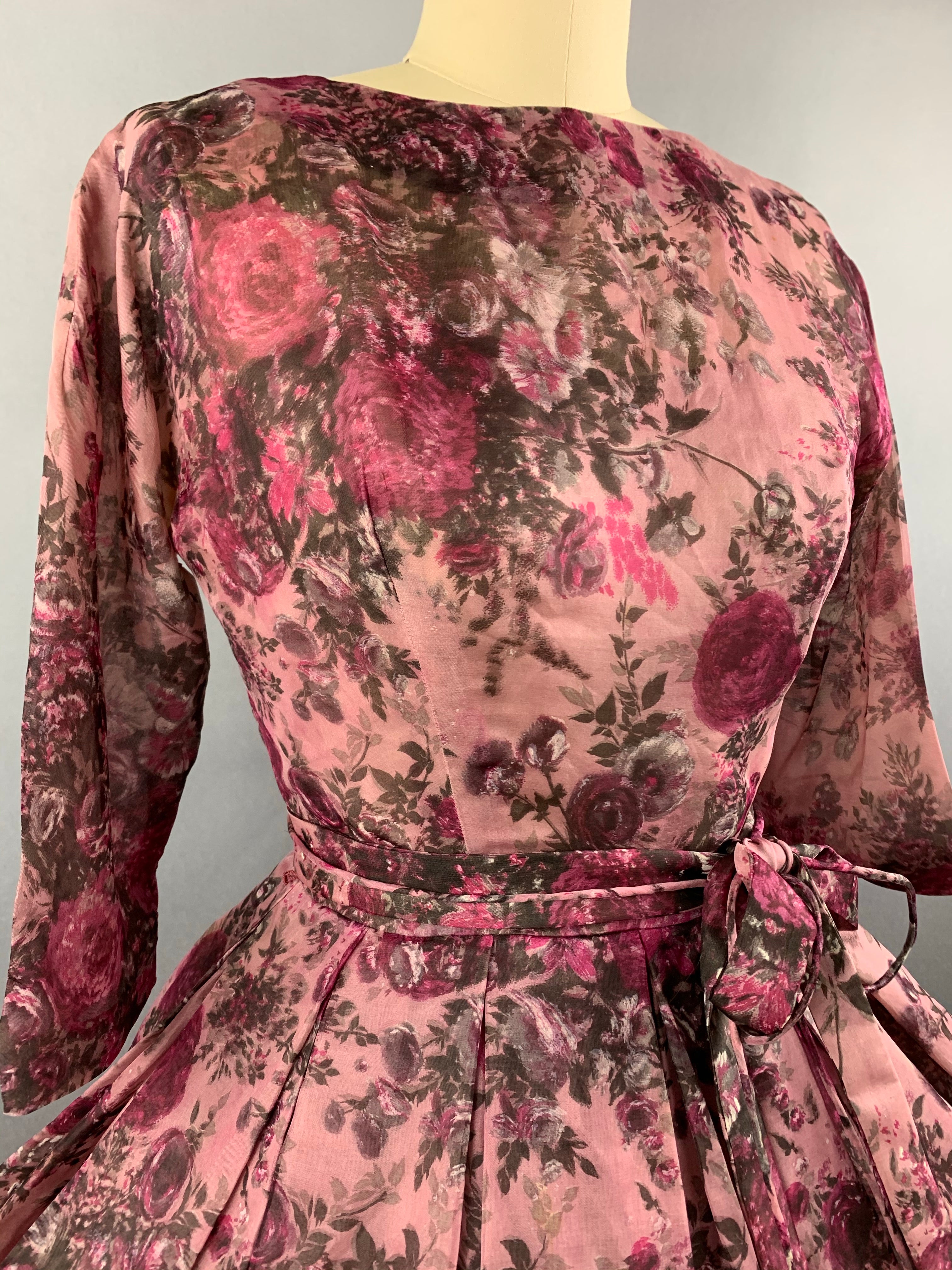 1950s Pink Roses Silk dress by Talmack John Moore New York Size M