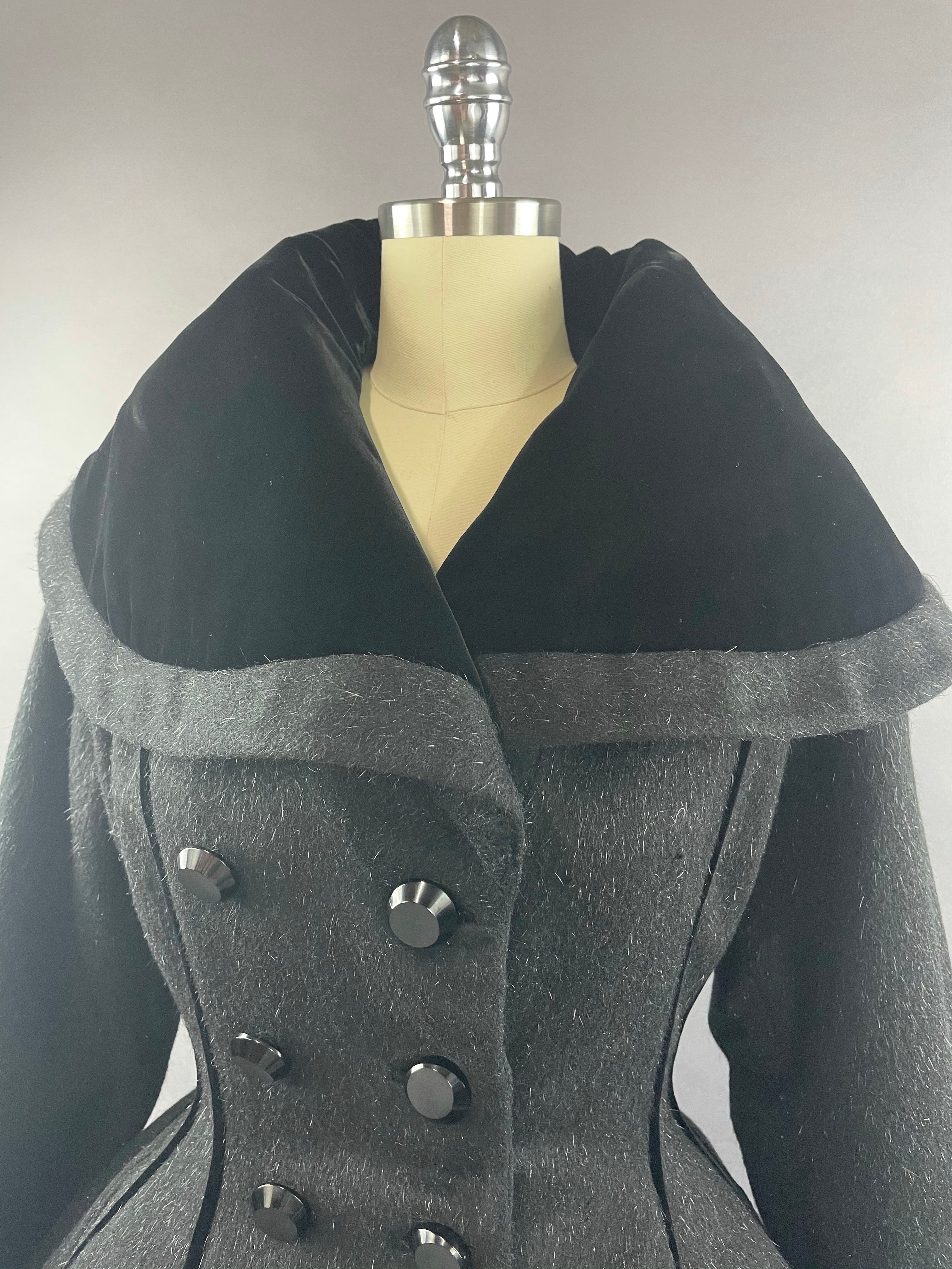 1950s Dark Grey Wool Mohair Blend & Velvet Lilli Ann Princess Coat Size M