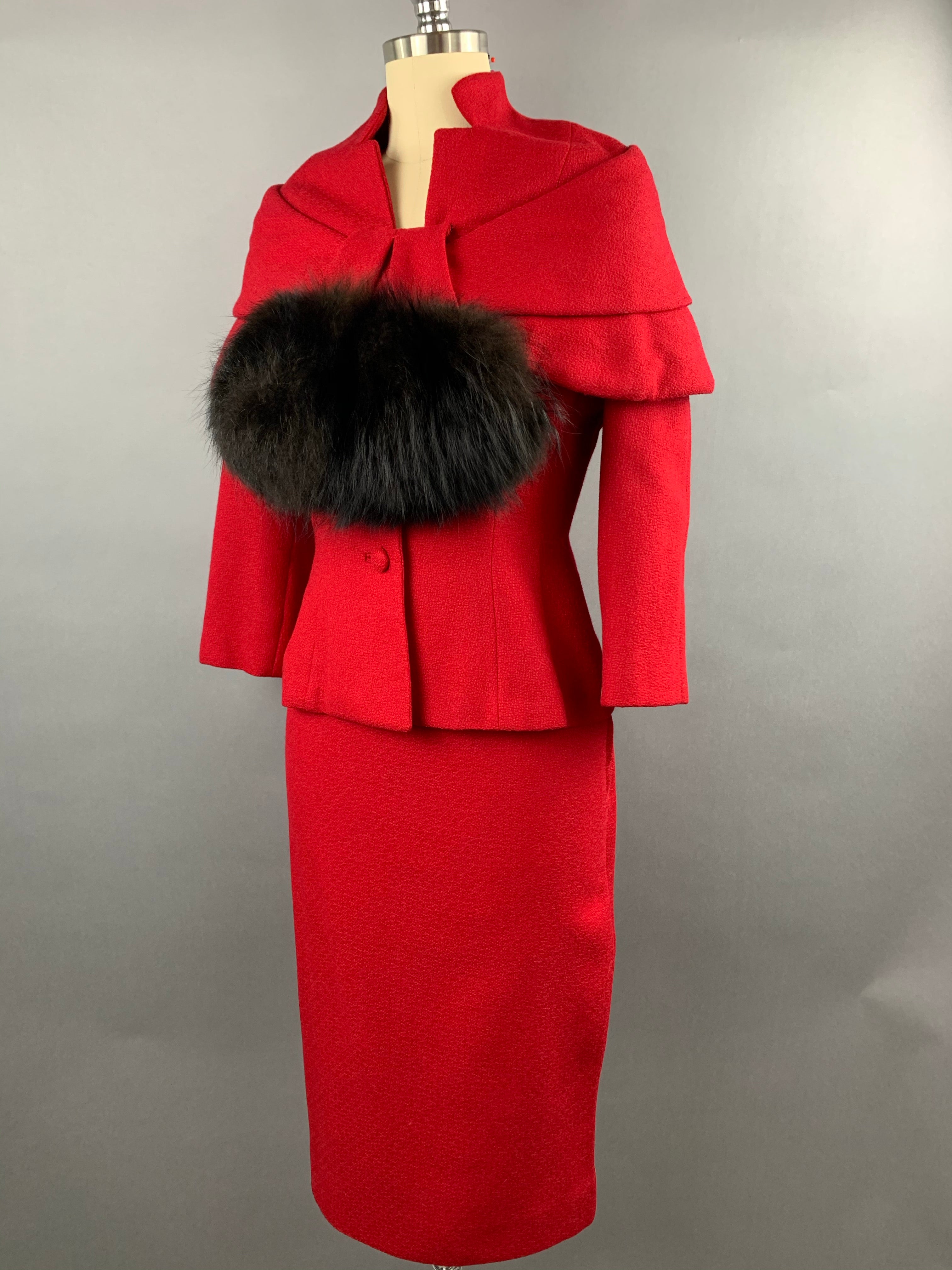 1950s Lilli Ann Red Wool Suit with Black Fox Collar Size S