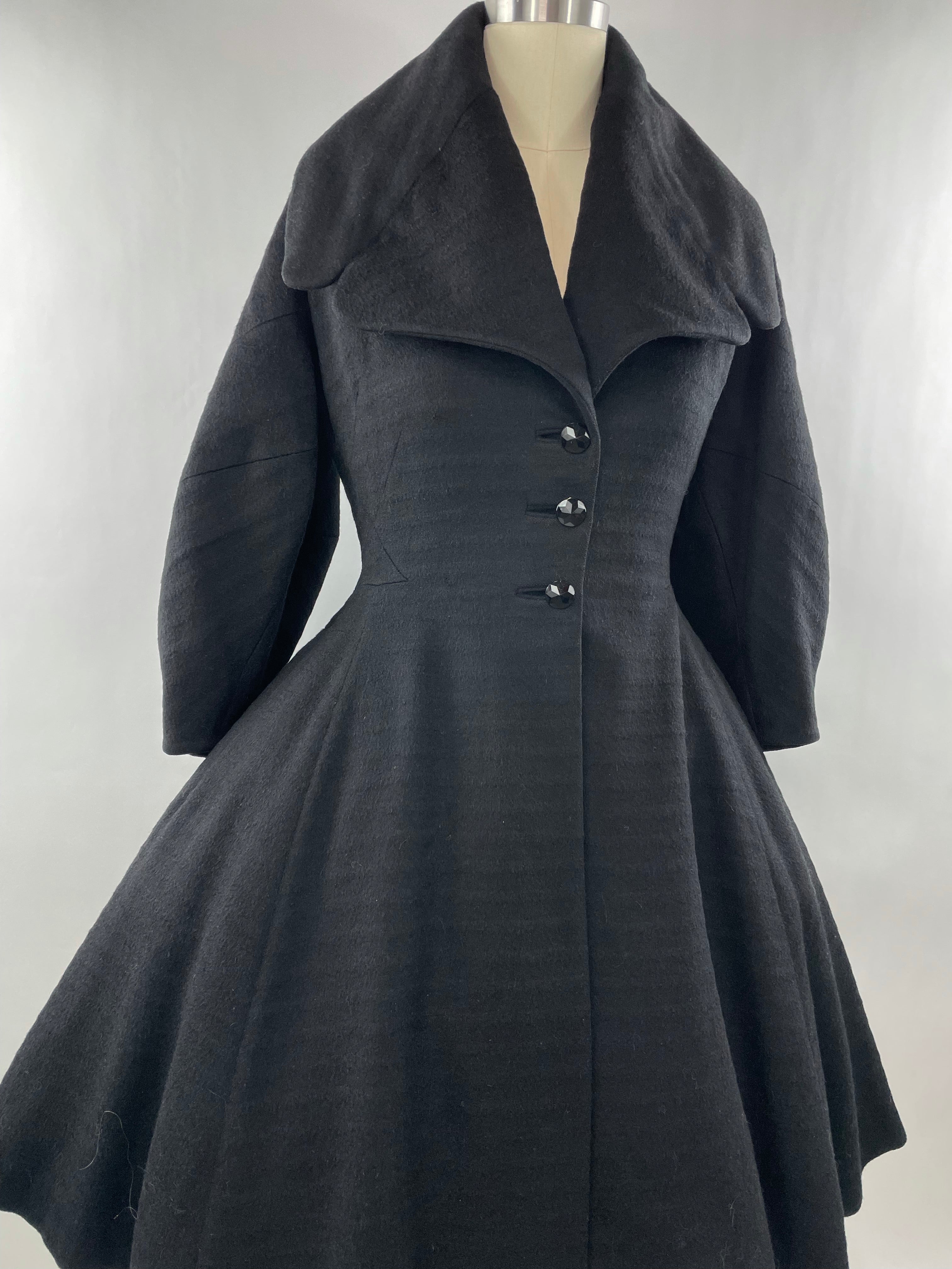 1950s Black Wool Lilli Ann Princess Coat with Exaggerated Collar and Sleeves Size L