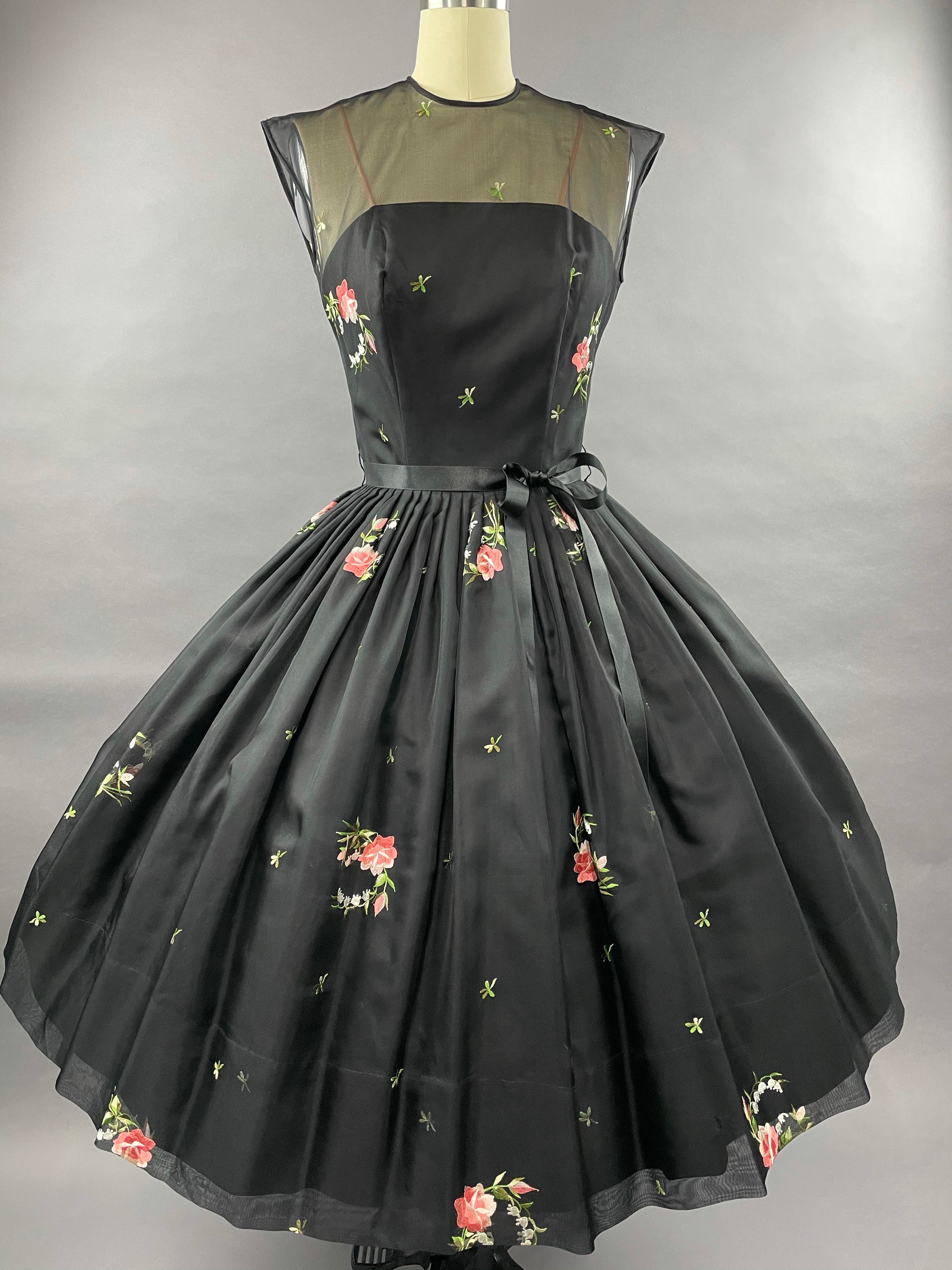 1950s Black Embroidered Suzy Perette Party Dress Size S