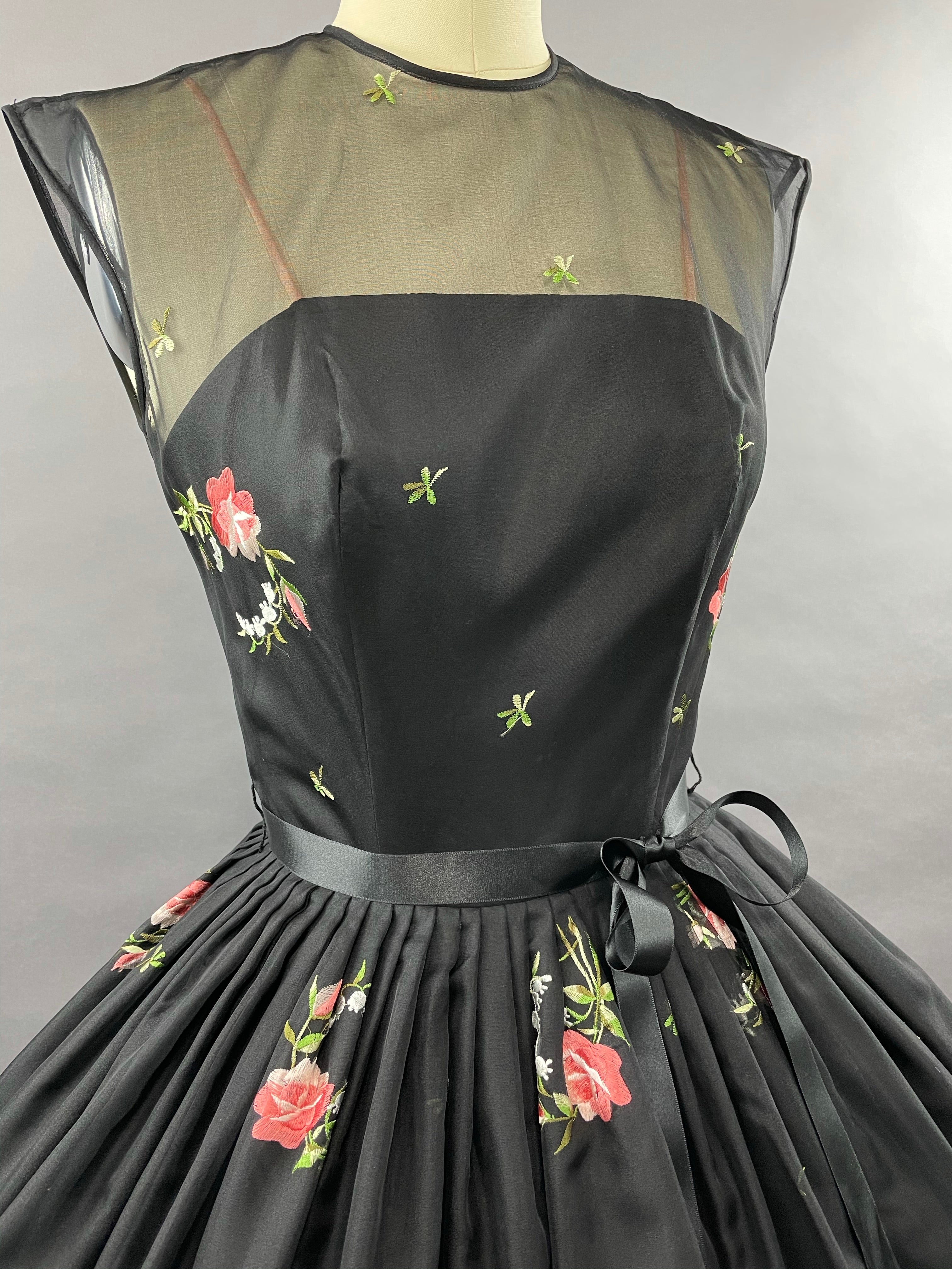 1950s Black Embroidered Suzy Perette Party Dress Size S