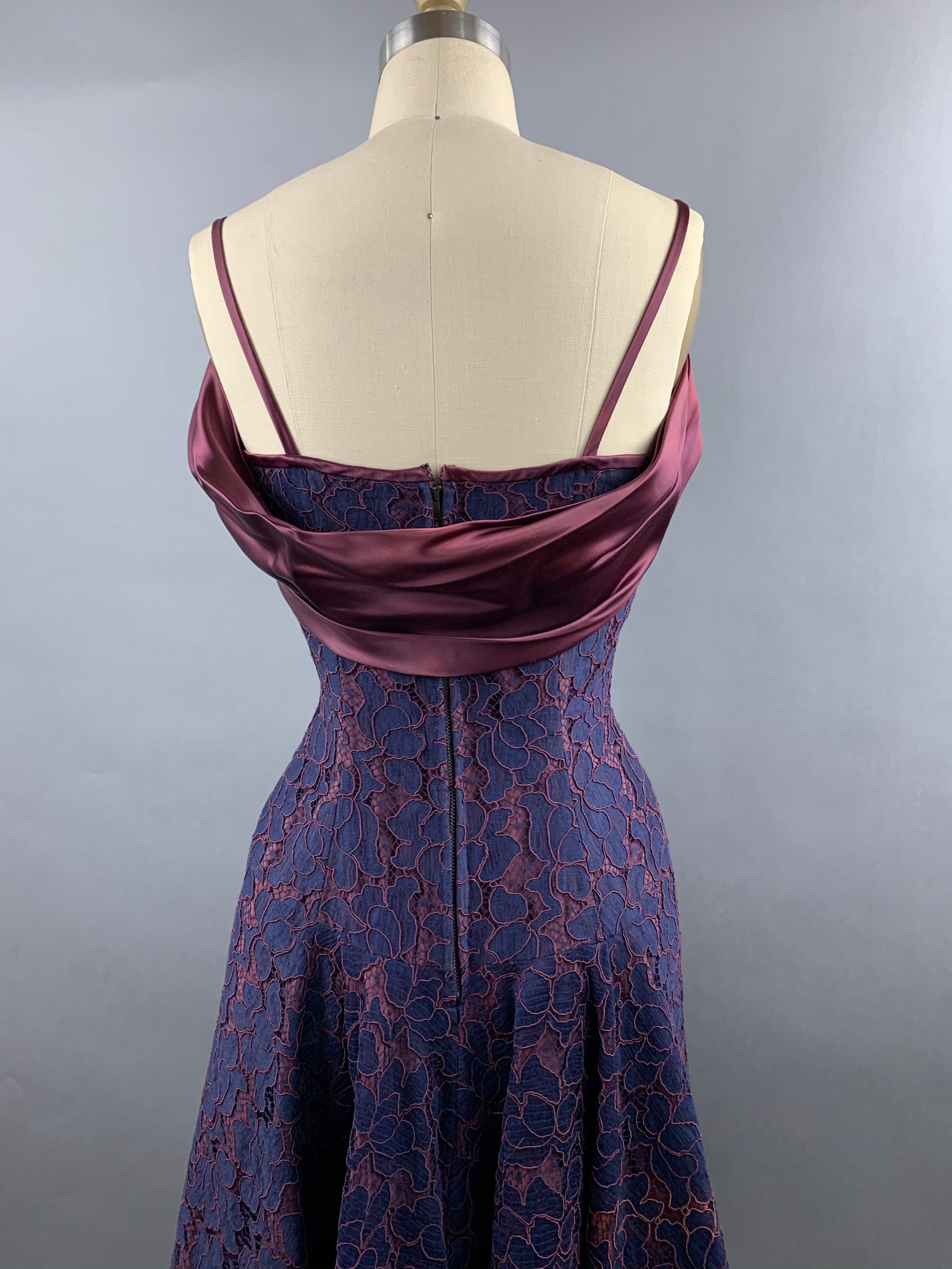 1950s Navy and Burgundy Lace and Satin Party Dress Size M