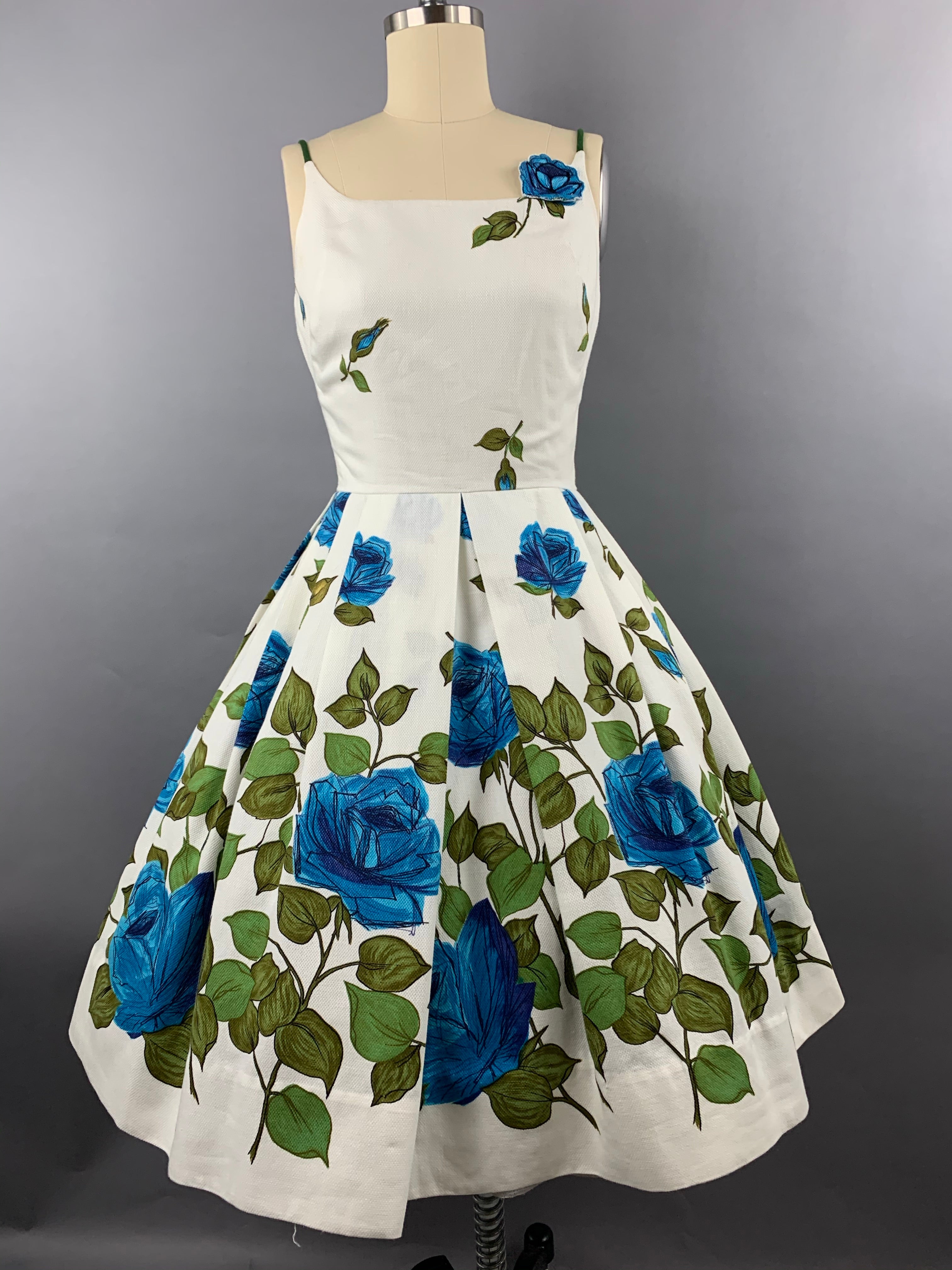 1950s “Co Jr” Blue Roses Fruit of the Loom Border Print Cotton Pique Dress Size XS