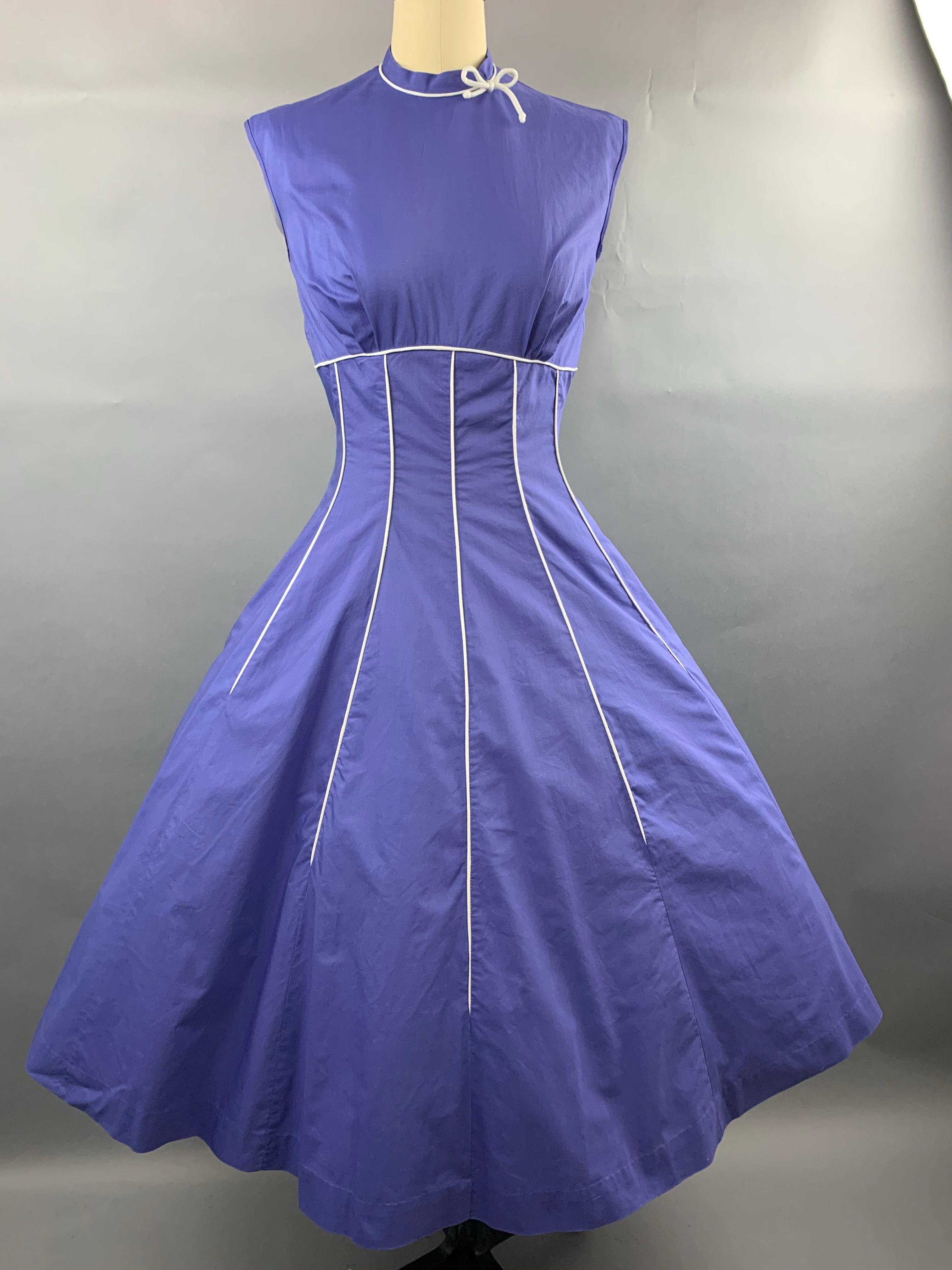 1950s Indigo Violet Blue Cotton Dress with White Piping Size S