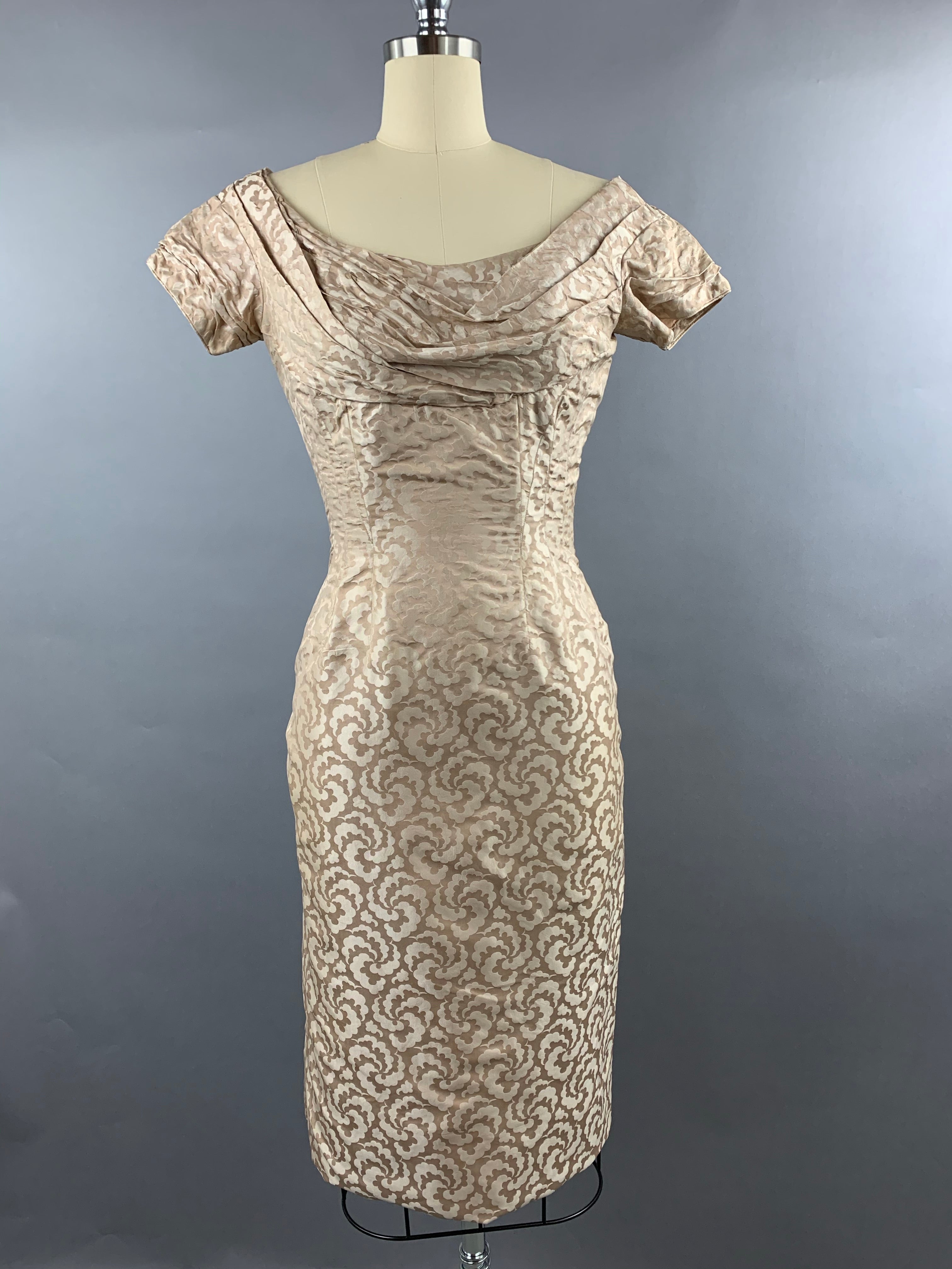 1950s Ceil Chapman beige gold silk-cotton wiggle dress Size S