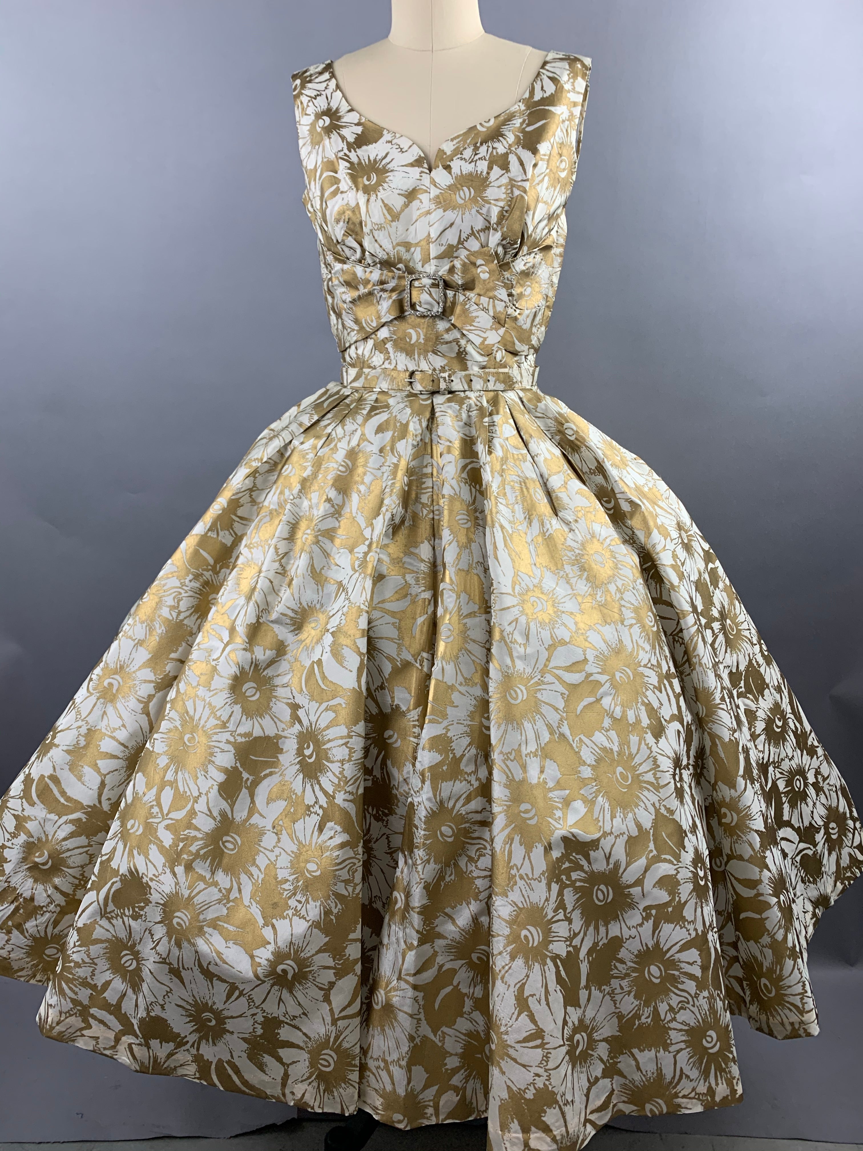 1950s Gold Floral Party Dress Size XS