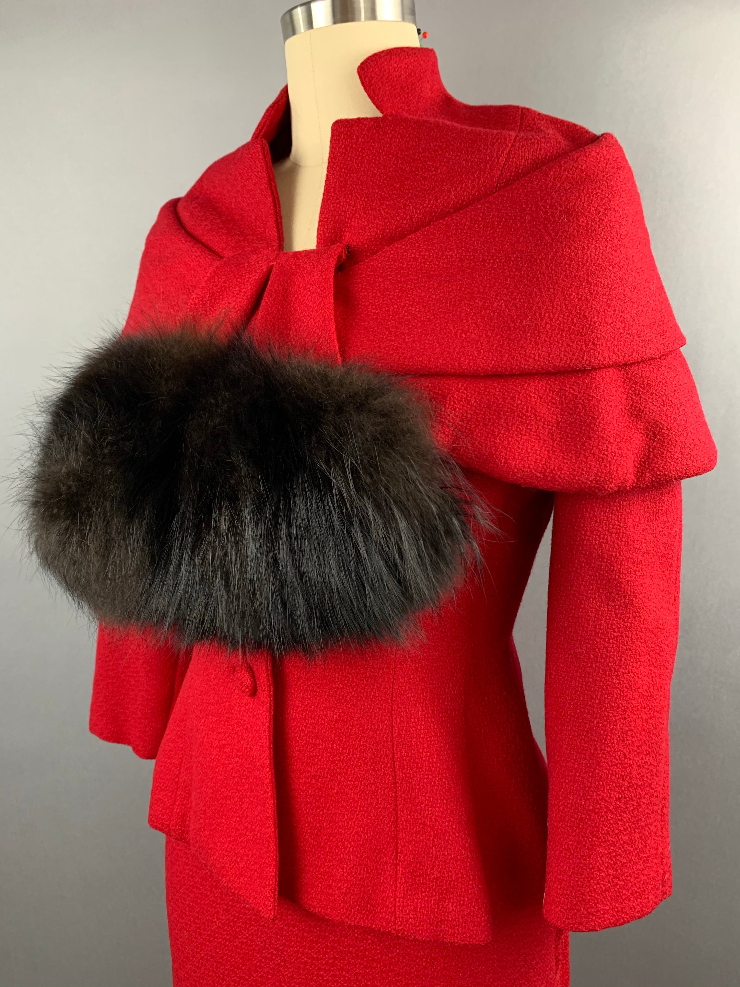 1950s Lilli Ann Red Wool Suit with Black Fox Collar Size S