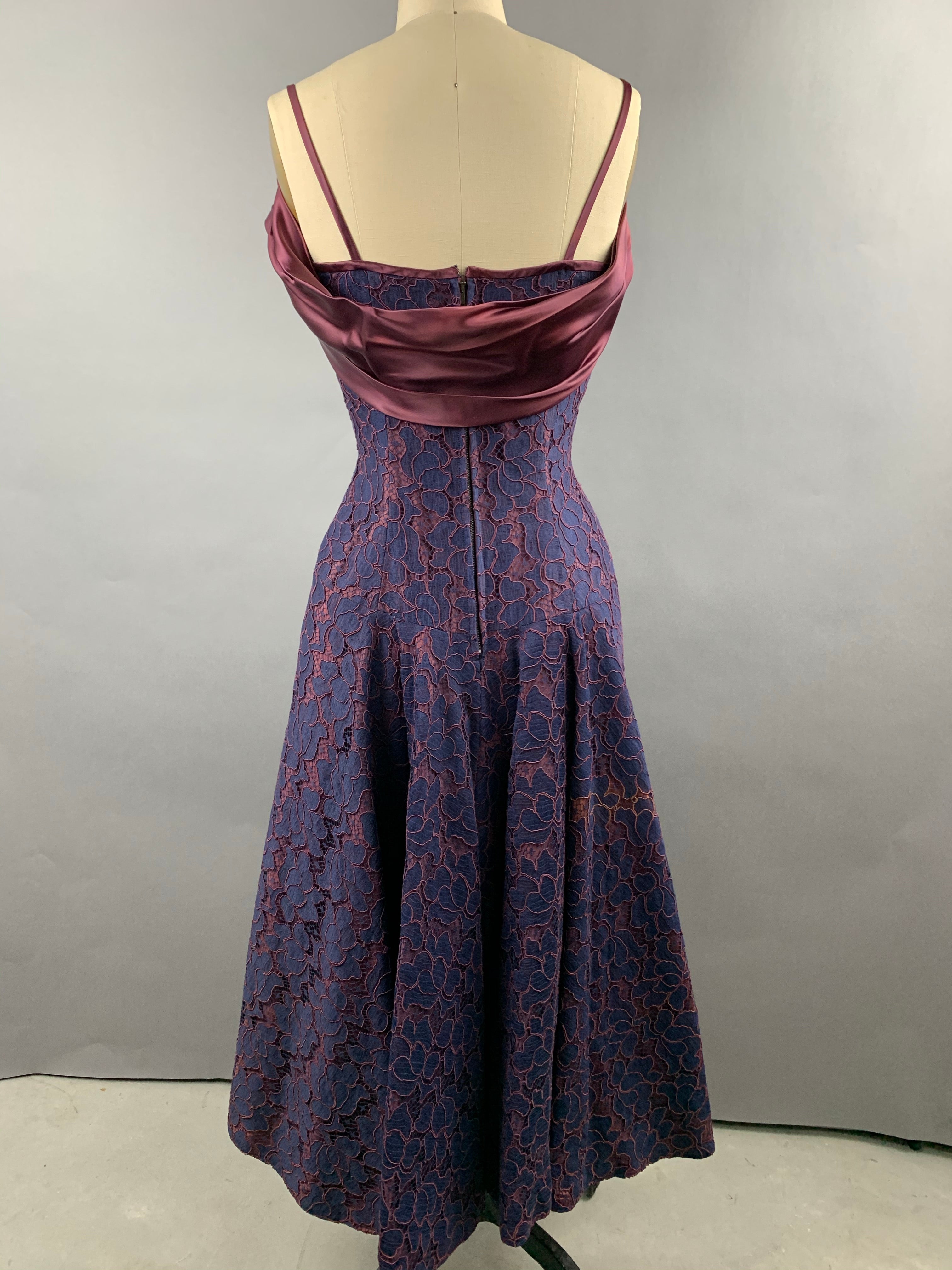 1950s Navy and Burgundy Lace and Satin Party Dress Size M