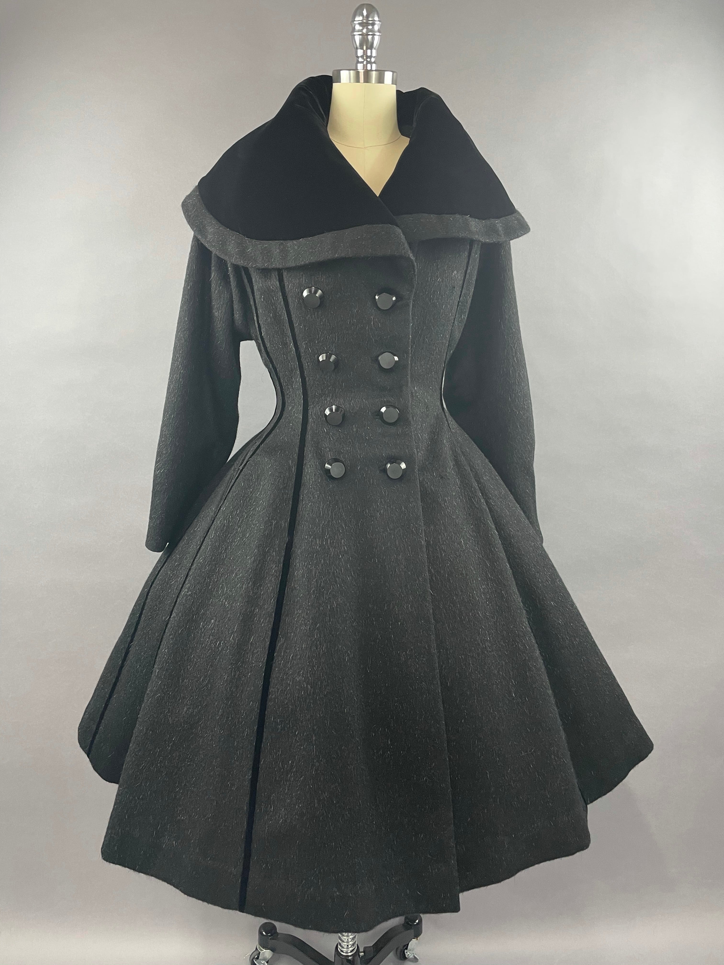 1950s Dark Grey Wool Mohair Blend & Velvet Lilli Ann Princess Coat Size M