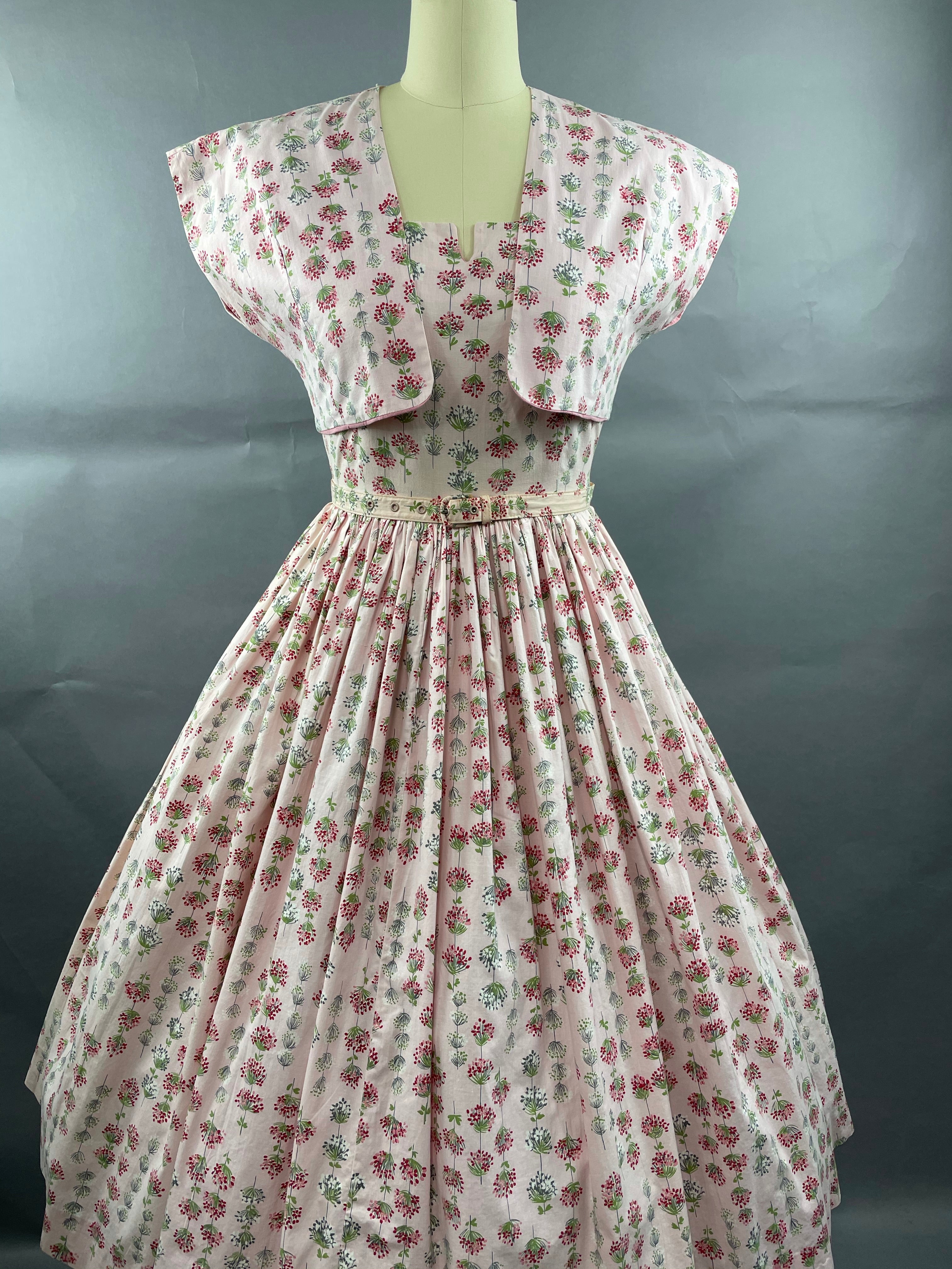 1950s Junior Vogues 3 piece Cotton Dress , Belt and Bolero Size M