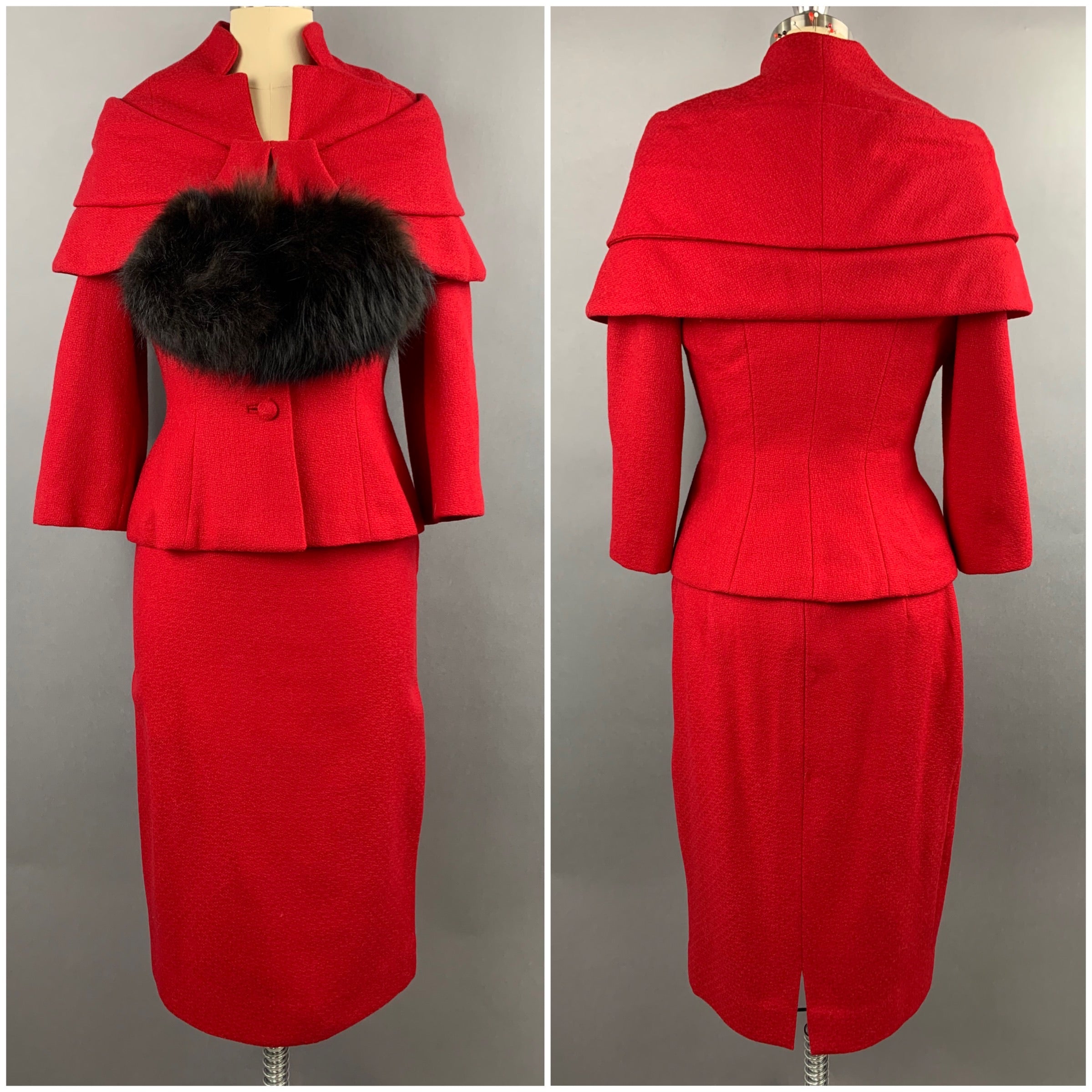 1950s Lilli Ann Red Wool Suit with Black Fox Collar Size S