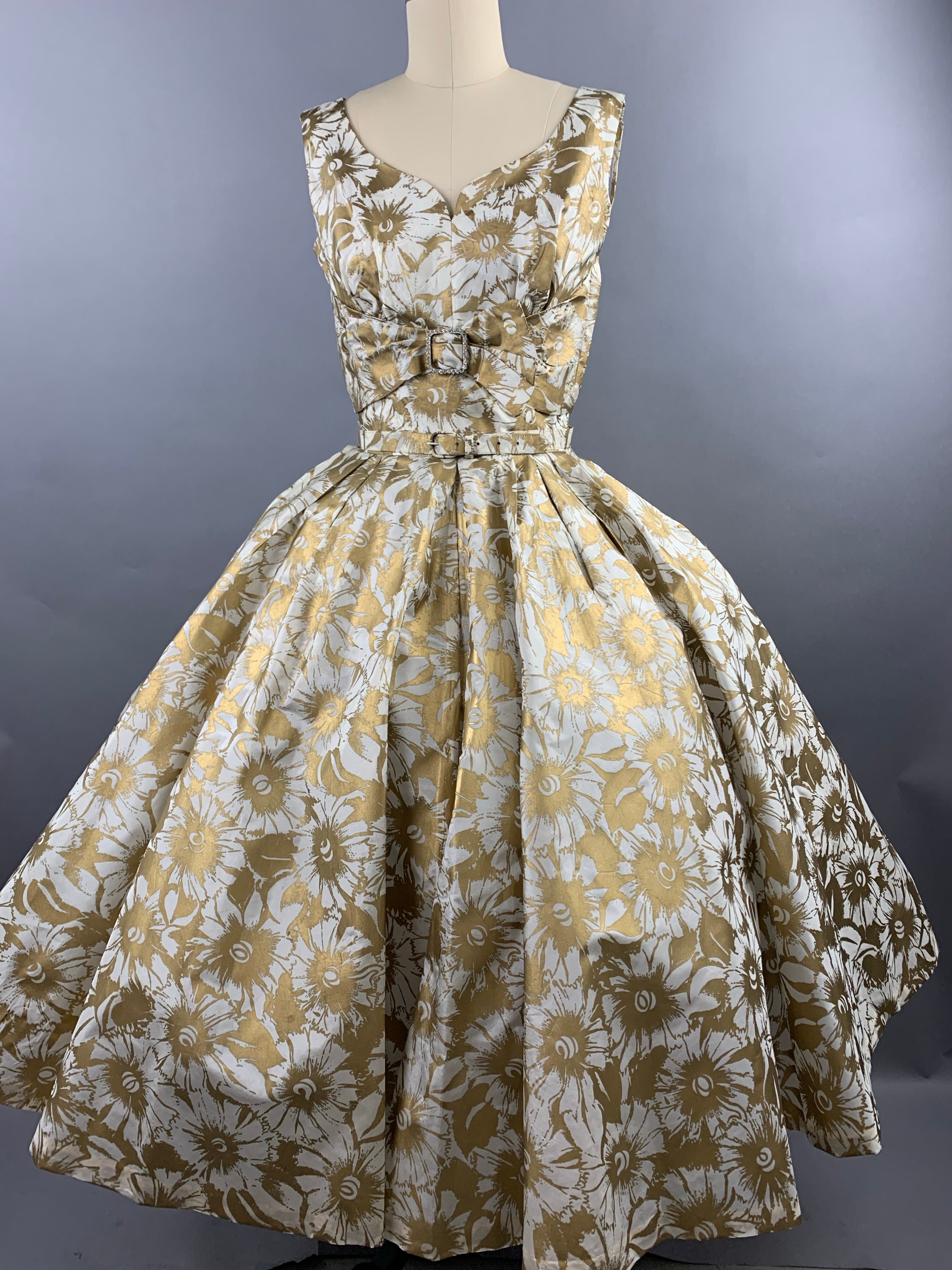 1950s Gold Floral Party Dress Size XS