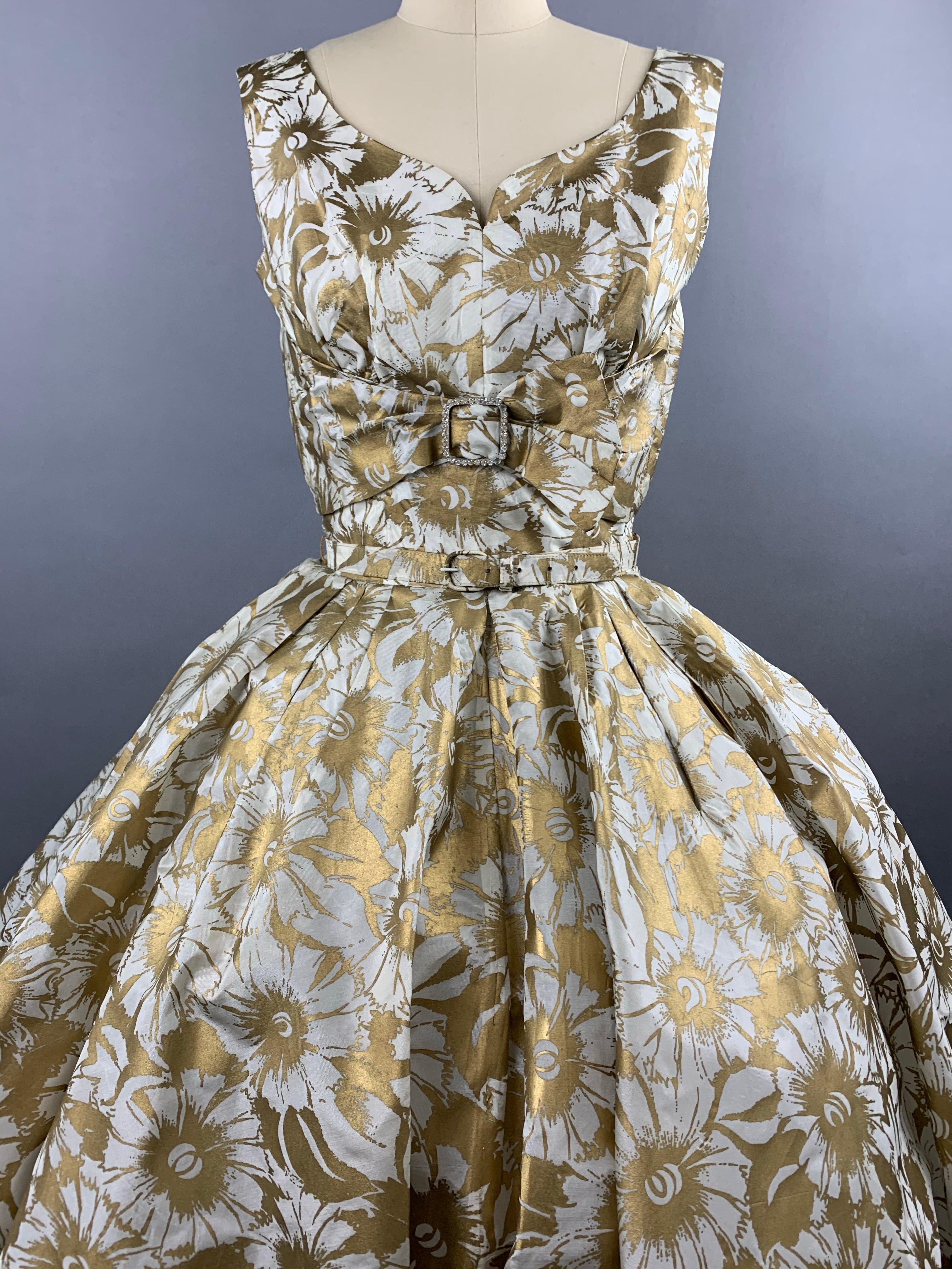 1950s Gold Floral Party Dress Size XS