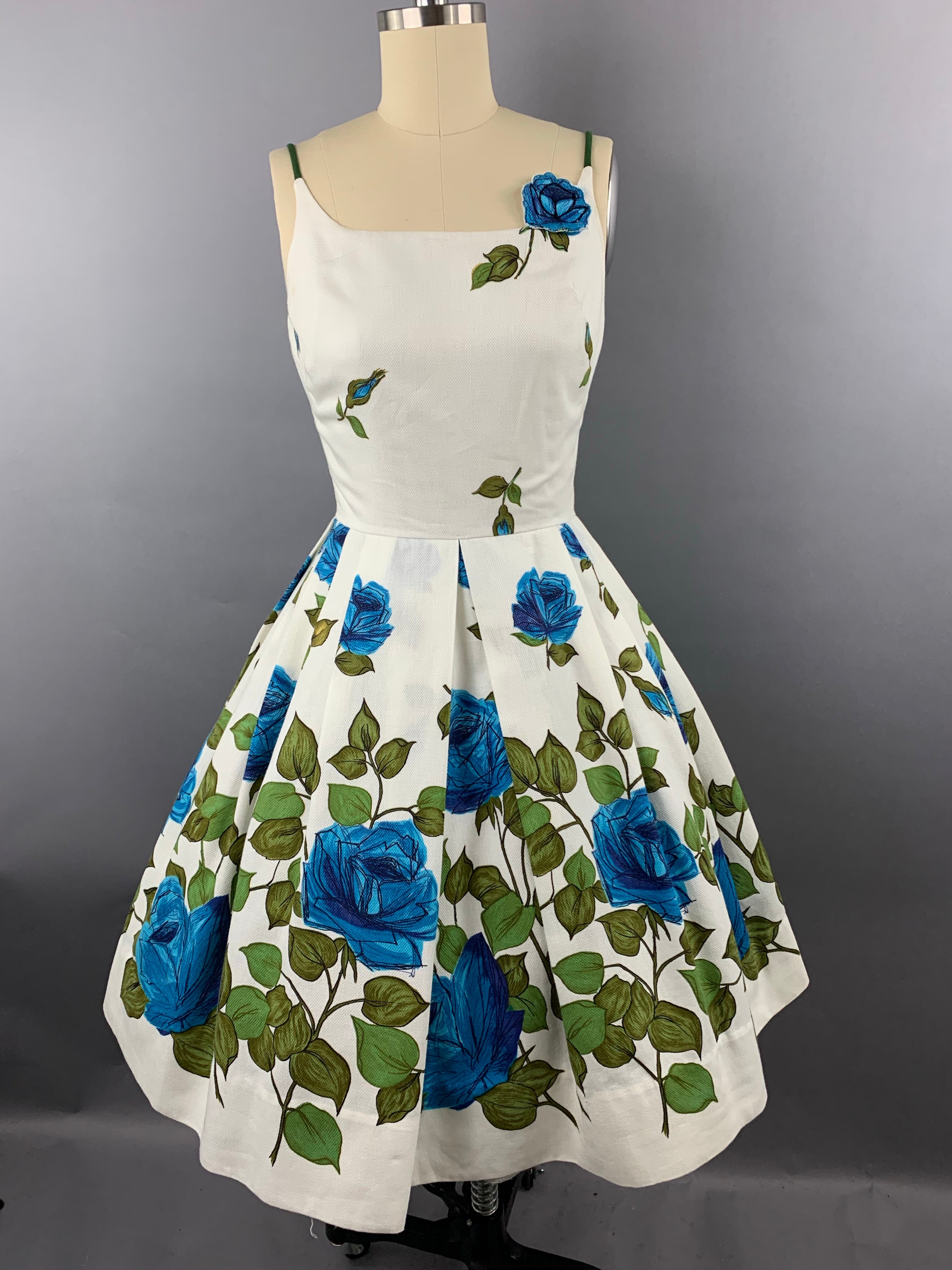 1950s “Co Jr” Blue Roses Fruit of the Loom Border Print Cotton Pique Dress Size XS